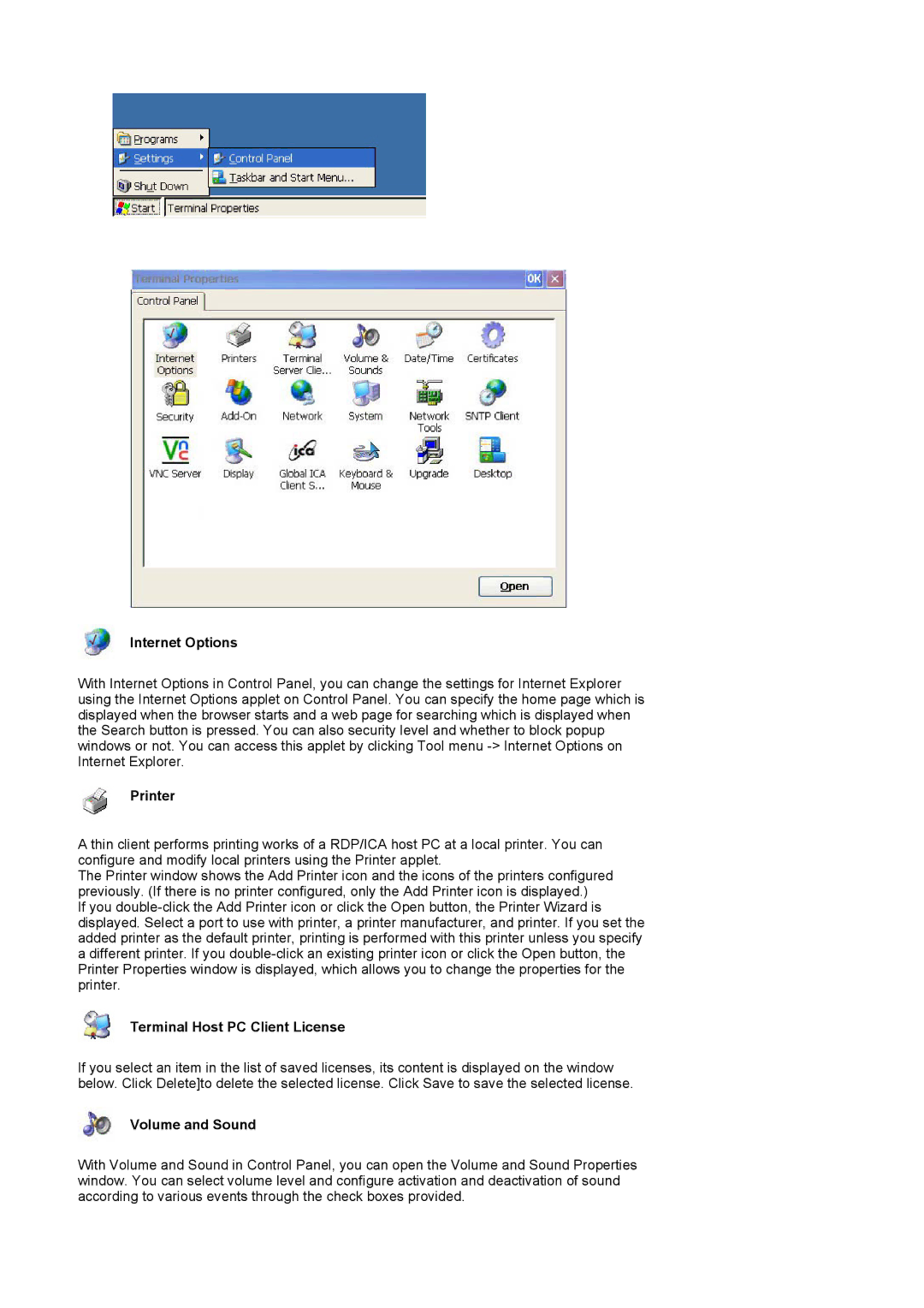 Samsung 710NT manual Internet Options, Printer, Terminal Host PC Client License, Volume and Sound 