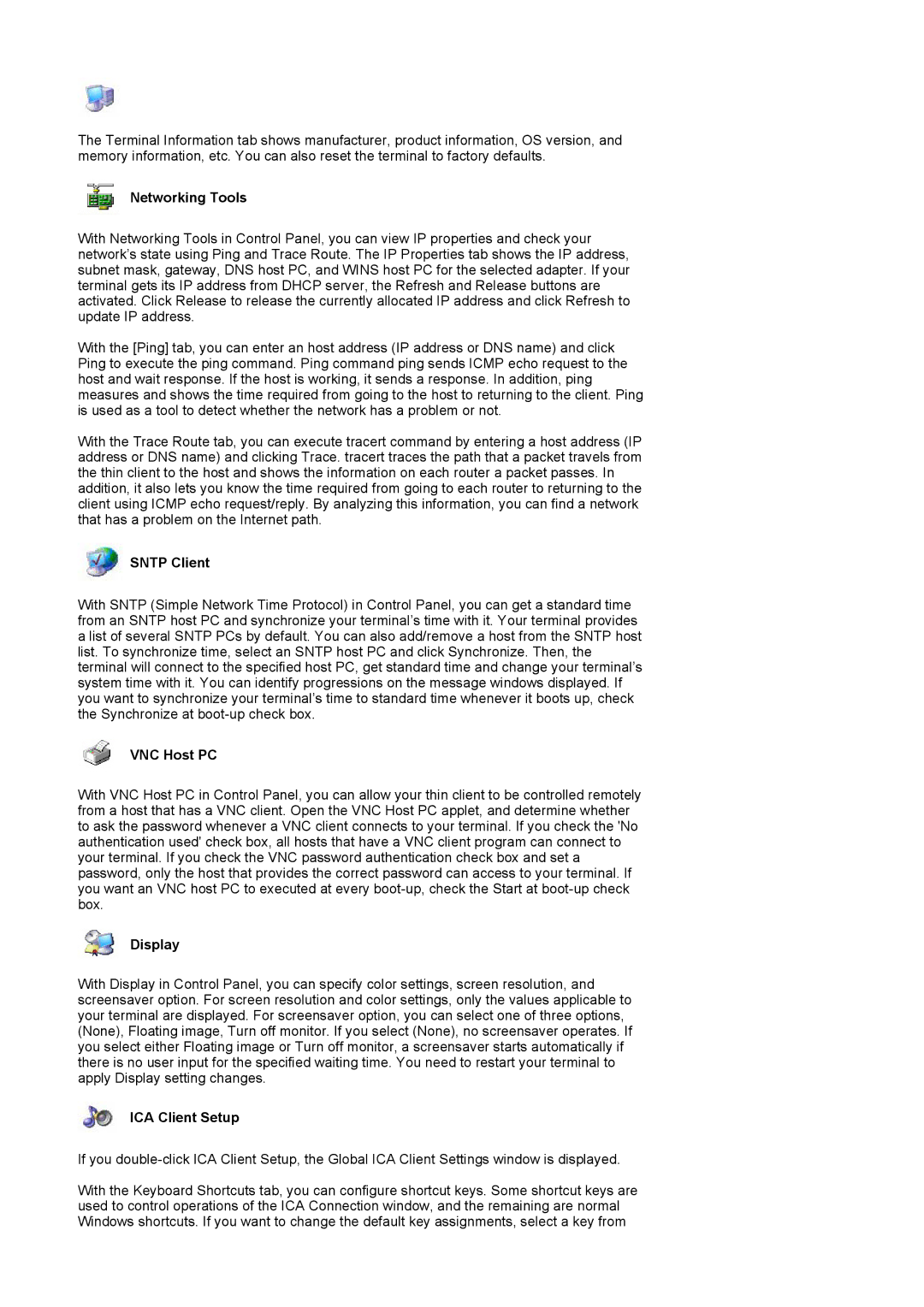 Samsung 710NT manual Networking Tools, Sntp Client, VNC Host PC, Display, ICA Client Setup 