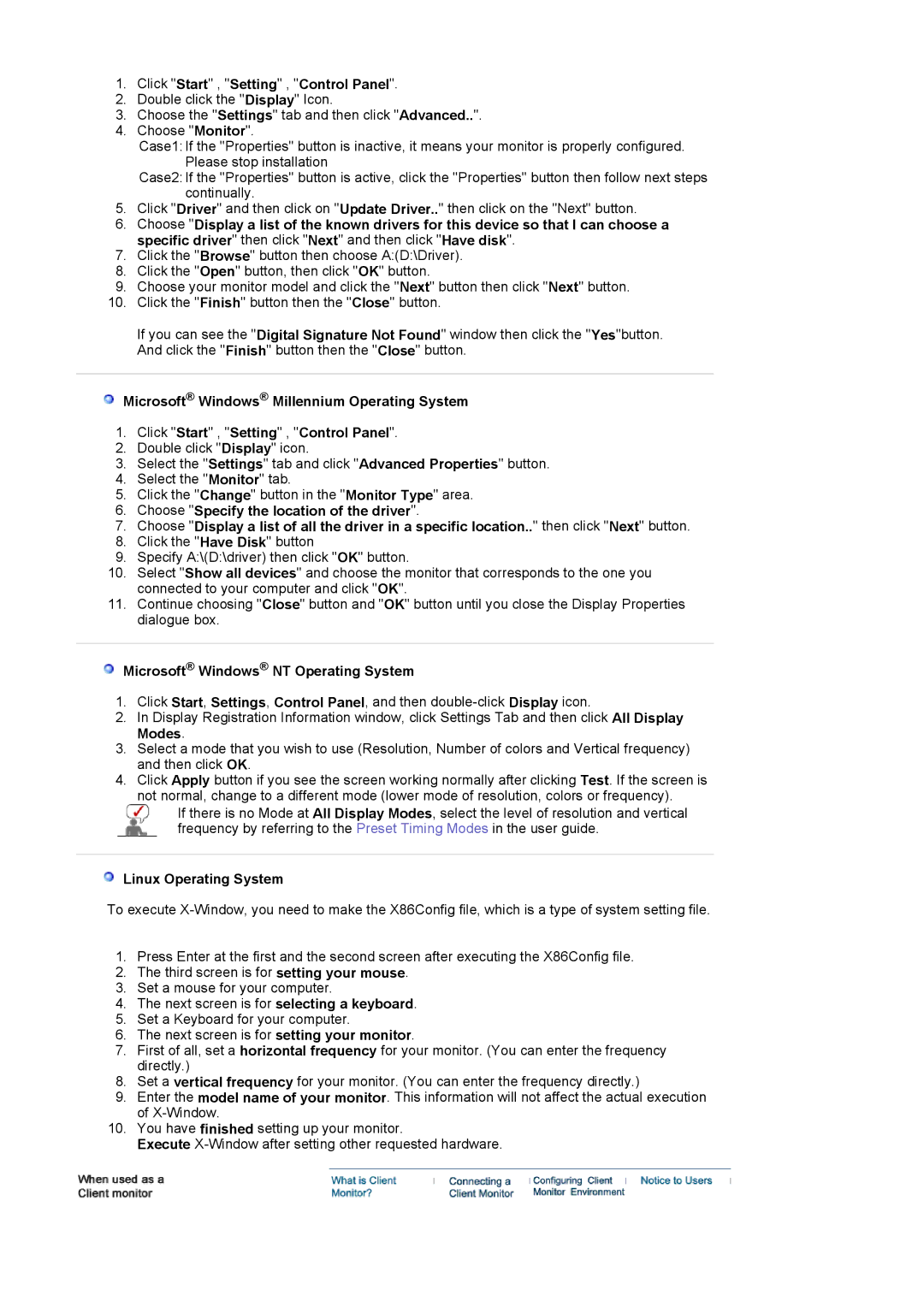 Samsung 710NT manual Click Start , Setting , Control Panel, Microsoft Windows NT Operating System, Linux Operating System 