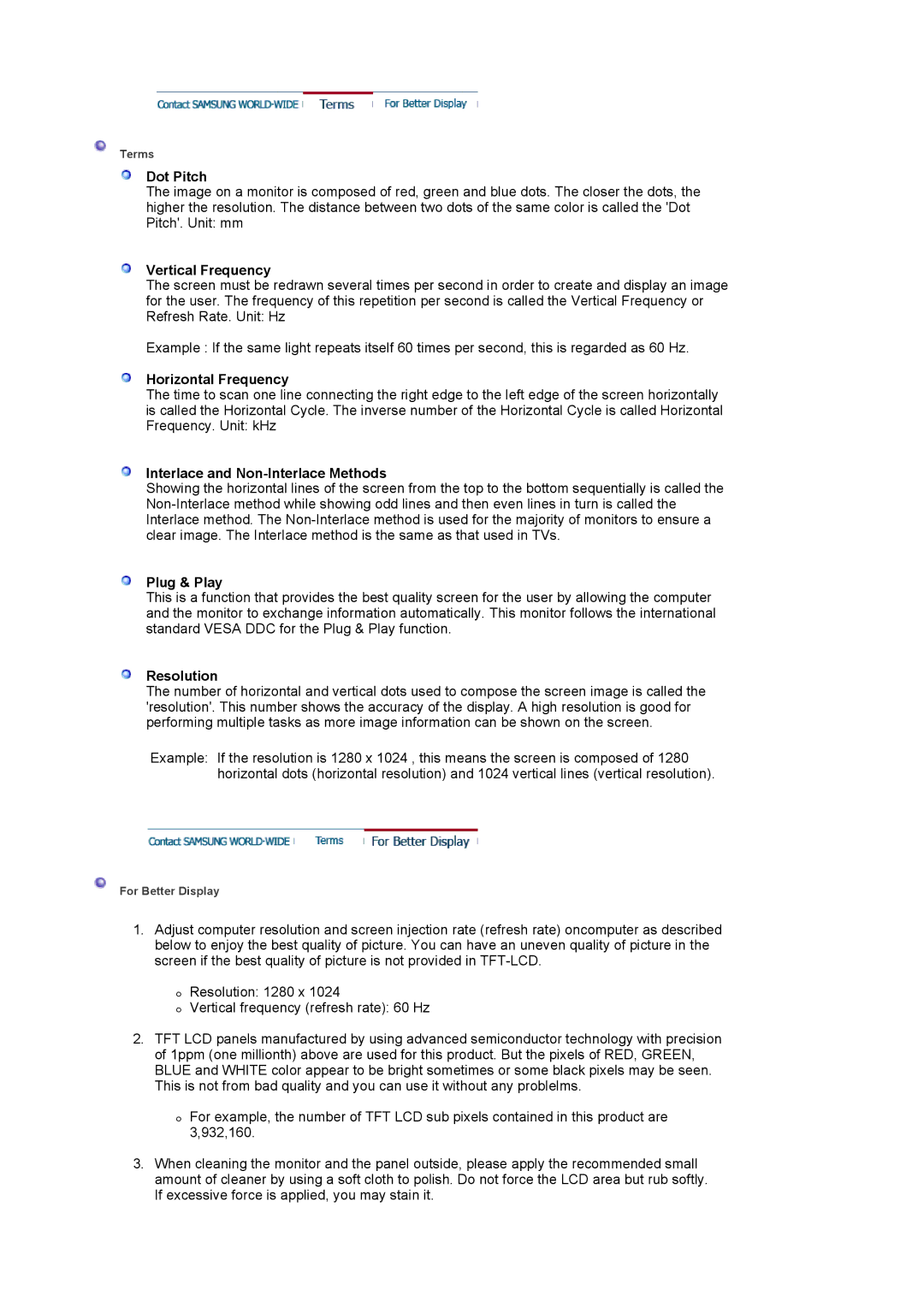 Samsung 710NT manual Dot Pitch, Vertical Frequency, Horizontal Frequency, Interlace and Non-Interlace Methods, Plug & Play 