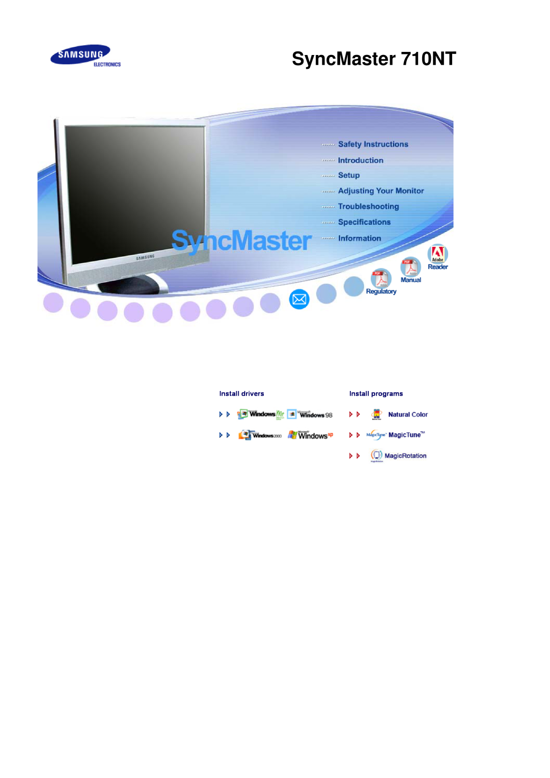 Samsung manual SyncMaster 710NT, Install drivers, Install programs 