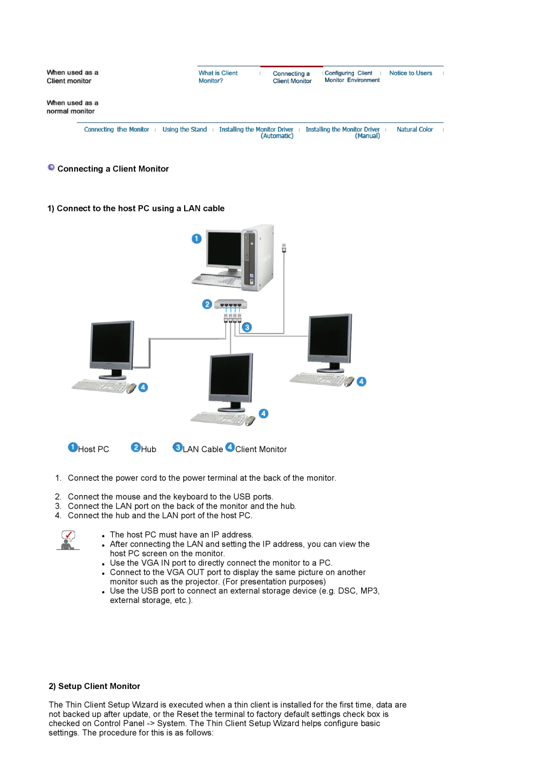 Samsung 710NT manual Connecting a Client Monitor, Connect to the host PC using a LAN cable, Setup Client Monitor 