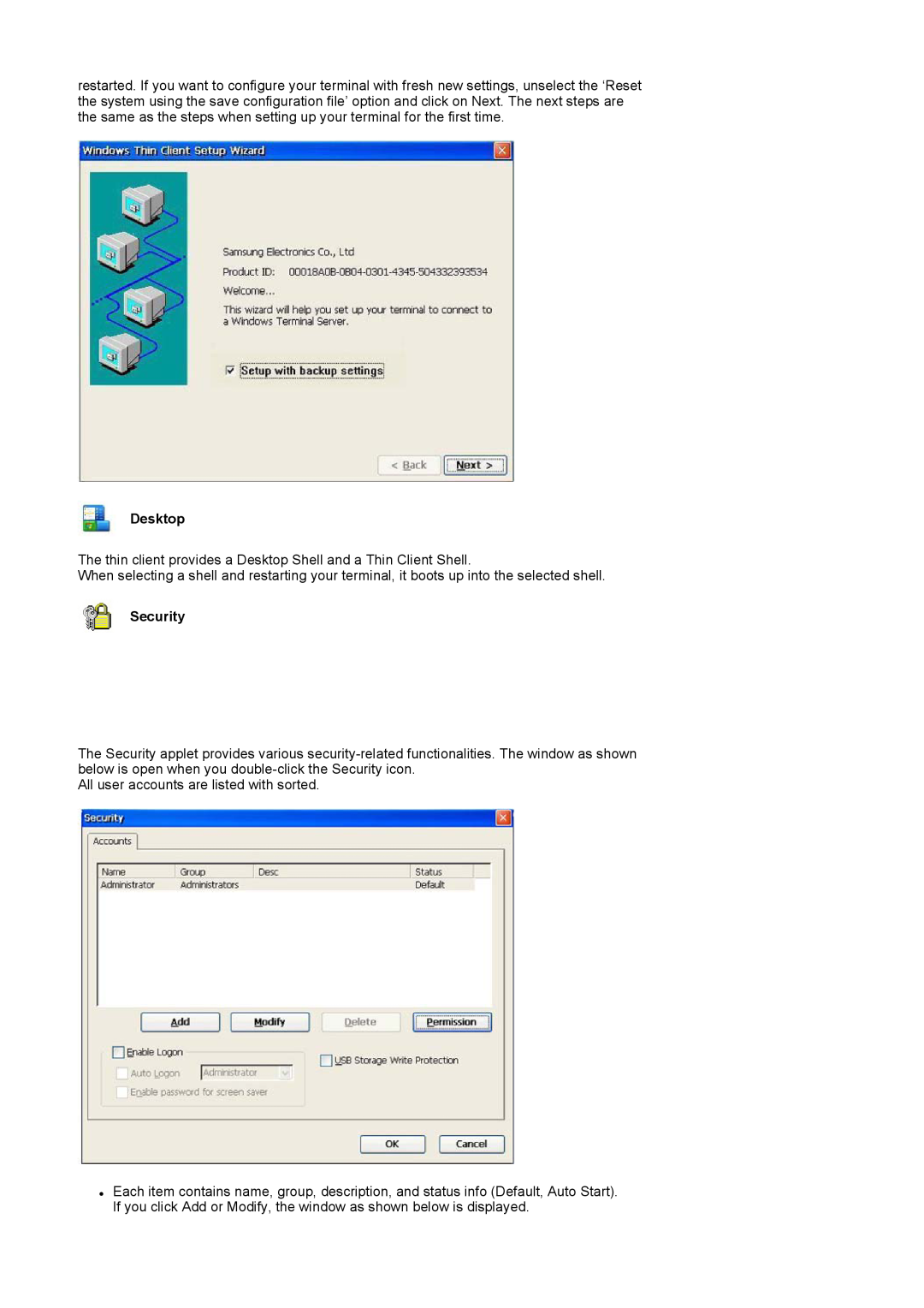 Samsung 710NT manual Desktop, Security 