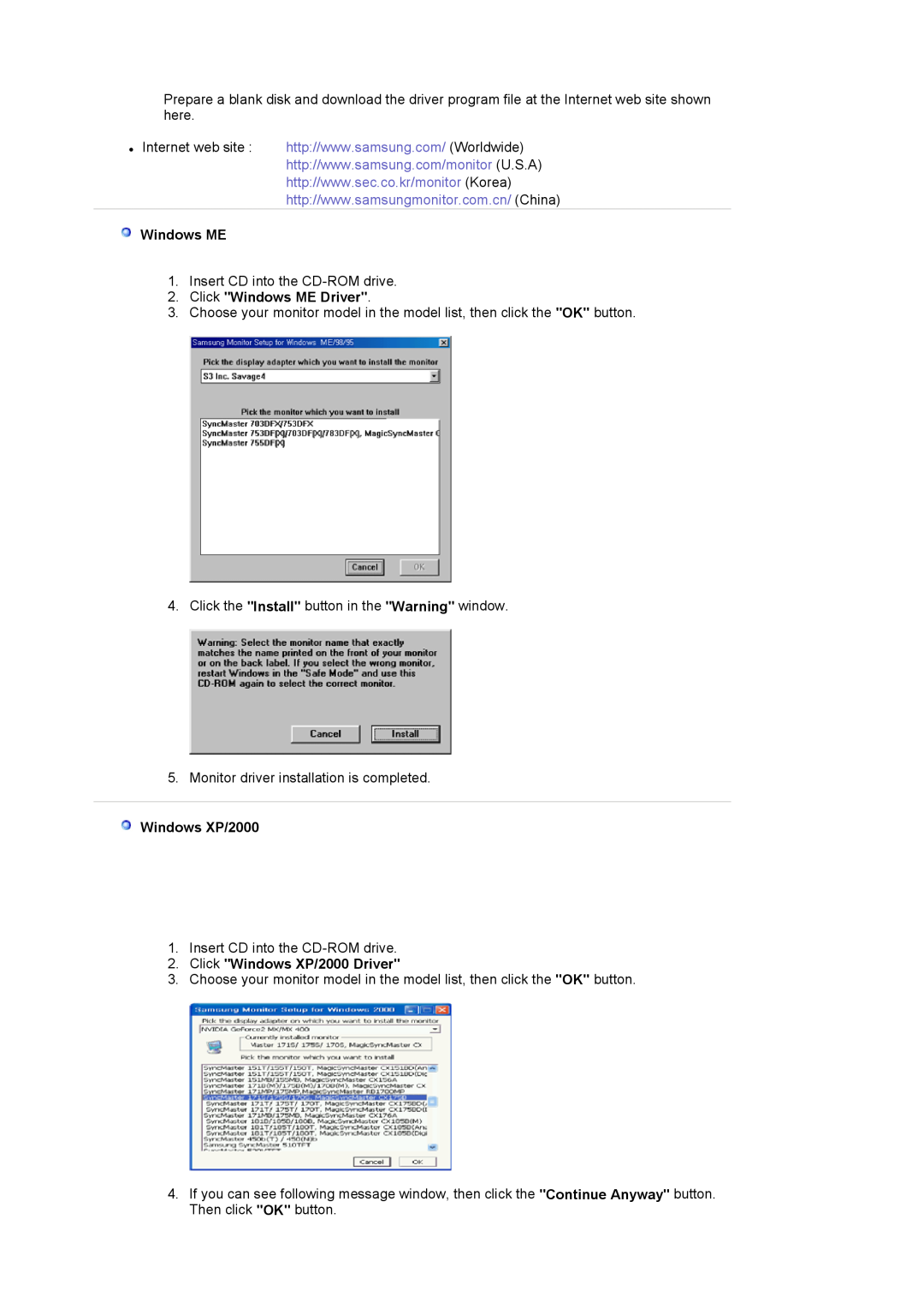 Samsung 710NT manual Click Windows ME Driver, Click Windows XP/2000 Driver 