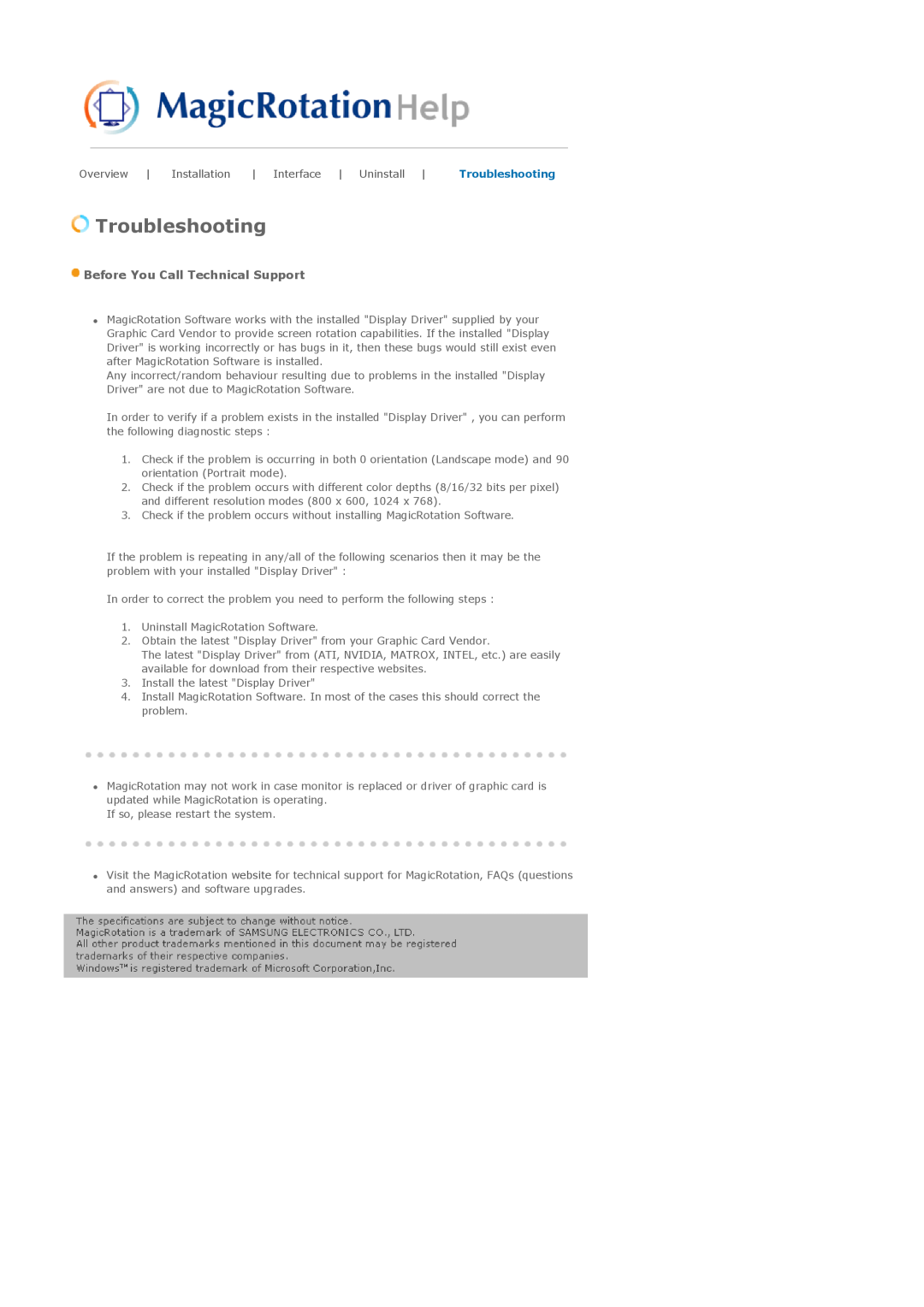 Samsung 710NT manual Troubleshooting, Before You Call Technical Support, Overview, Installation, Interface | Uninstall 