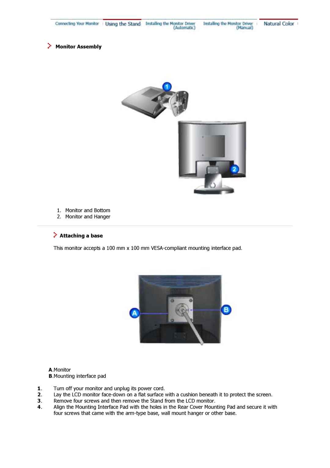 Samsung 710V manual Monitor Assembly, Attaching a base 