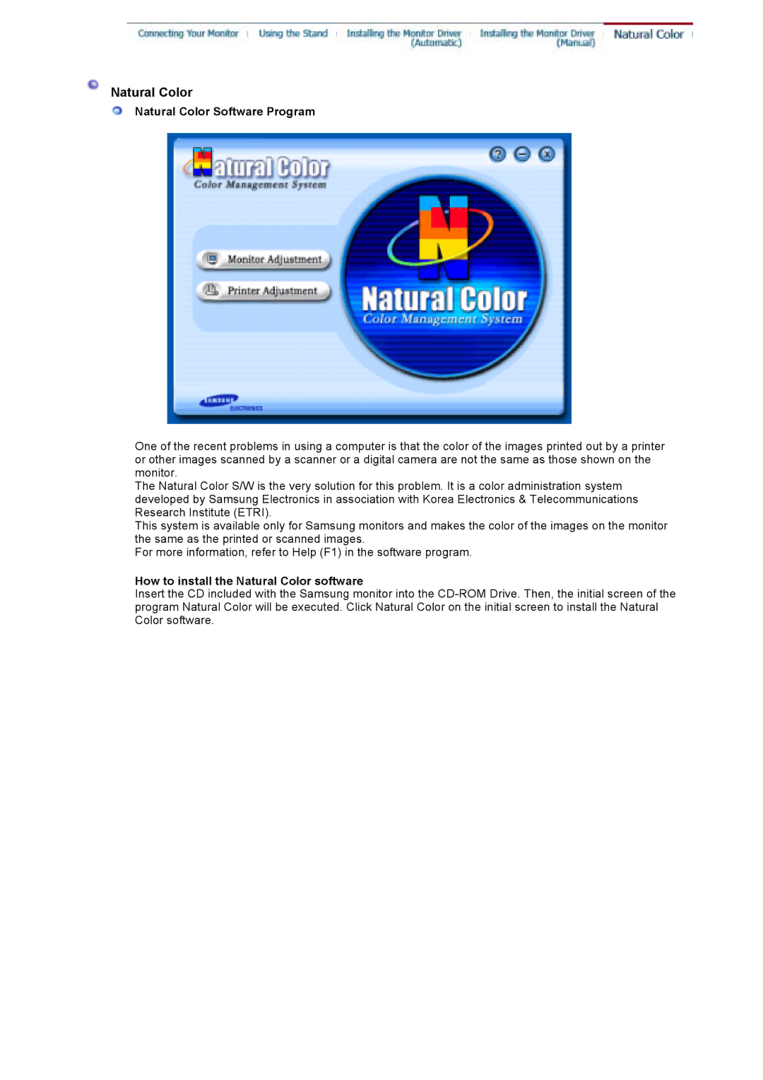 Samsung 710V manual Natural Color Software Program, How to install the Natural Color software 