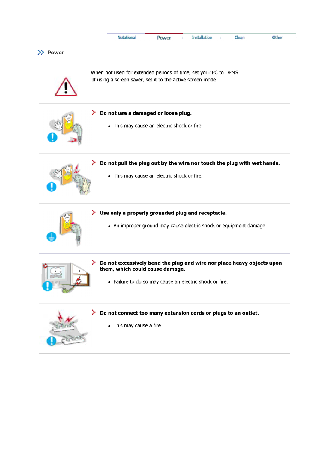 Samsung 710V manual Do not use a damaged or loose plug, Use only a properly grounded plug and receptacle 