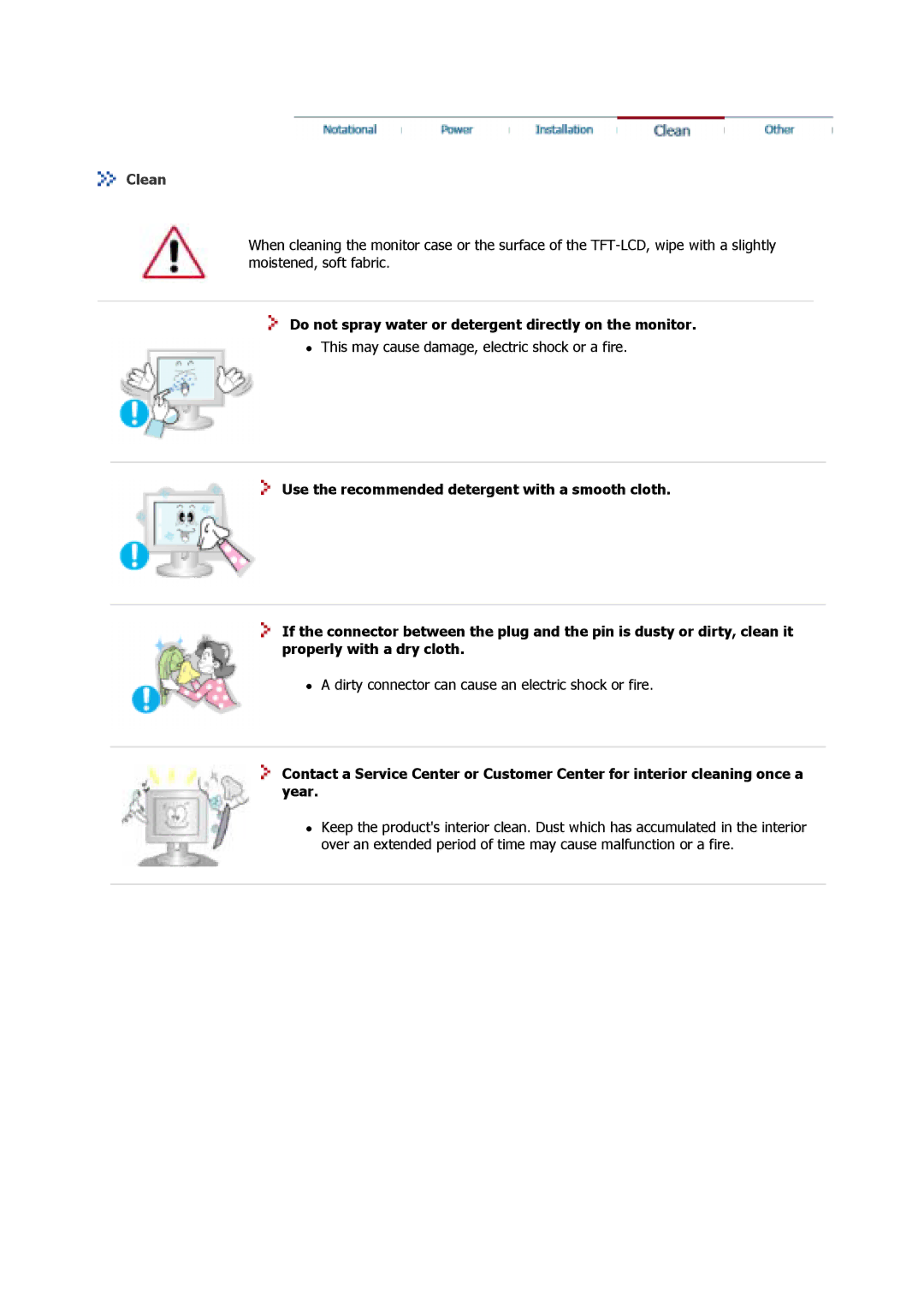 Samsung 710V manual Clean, Do not spray water or detergent directly on the monitor 