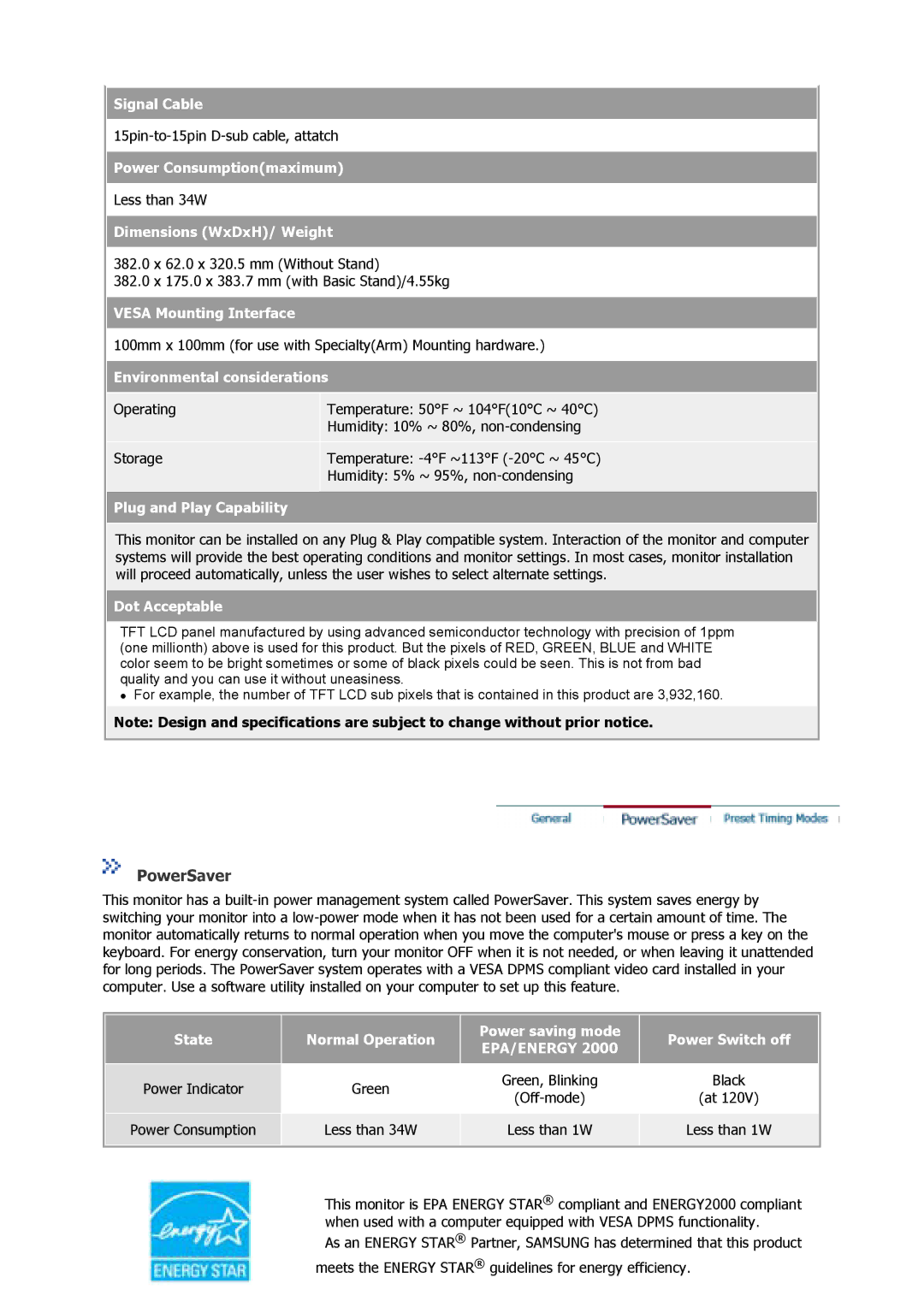 Samsung 710V manual PowerSaver, Environmental considerations 