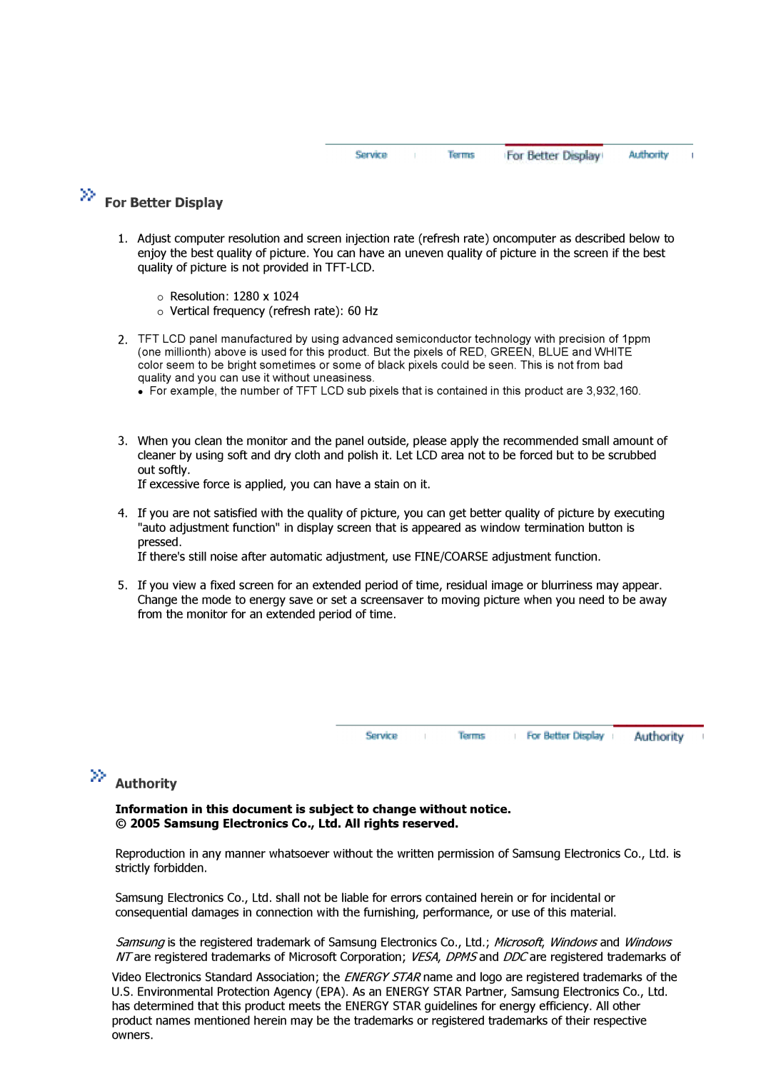 Samsung 710V manual For Better Display, Authority 