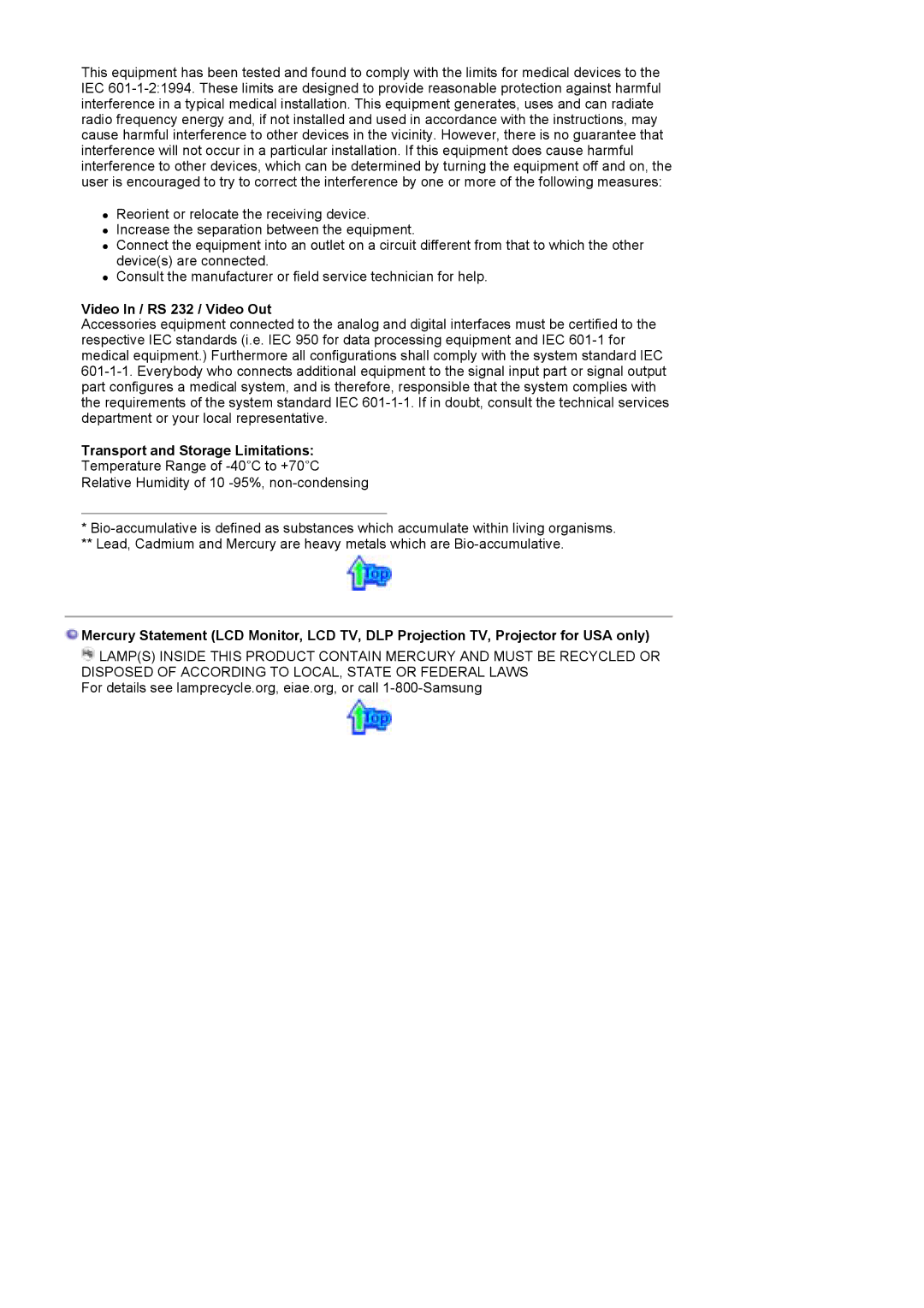 Samsung 710V manual Video In / RS 232 / Video Out, Transport and Storage Limitations 