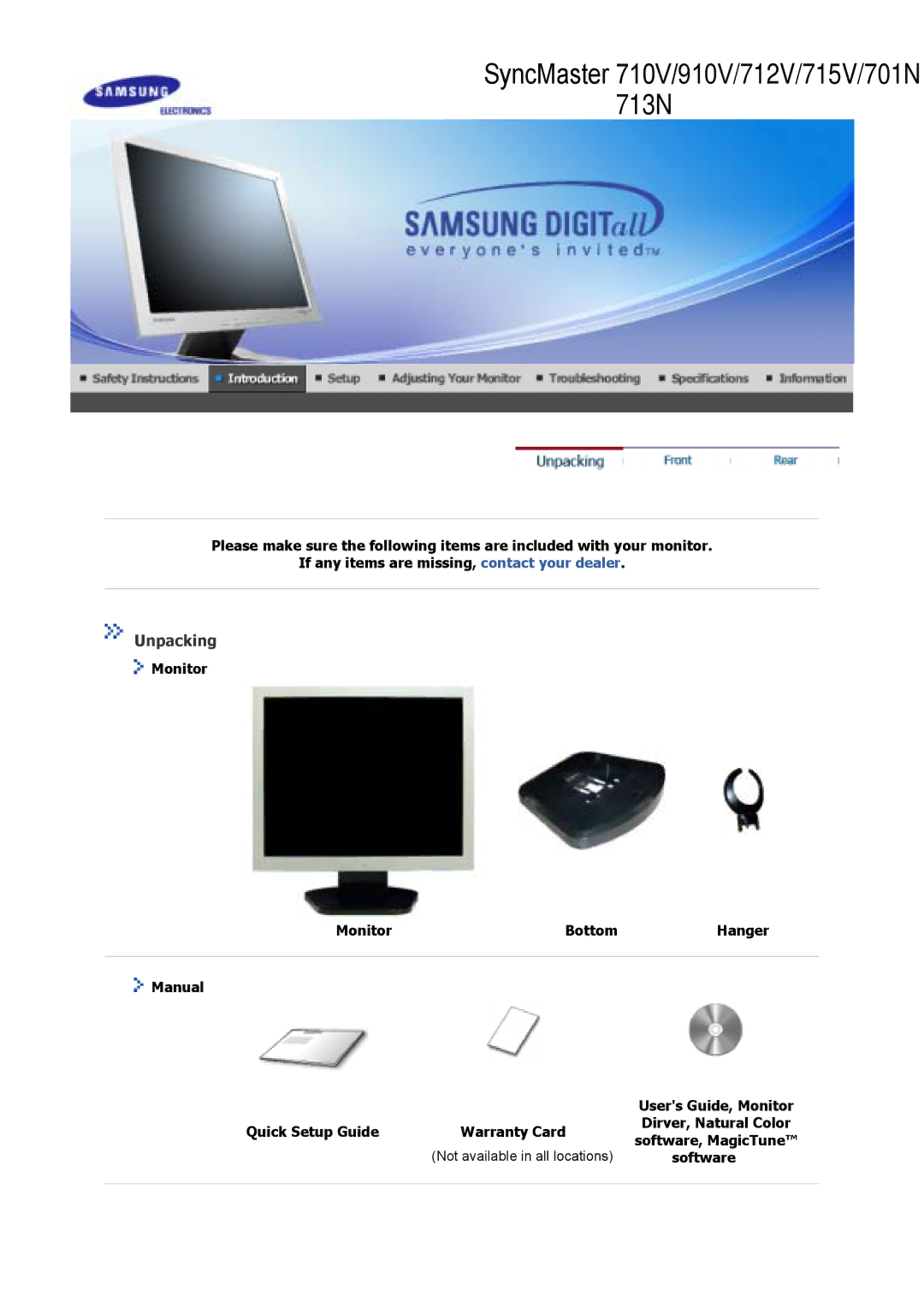 Samsung 710V manual Unpacking, Not available in all locations, Software 