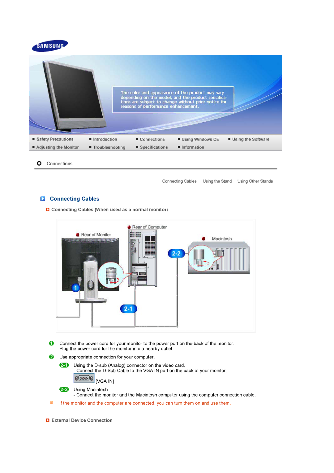 Samsung 711NT, 911NT manual Connecting Cables When used as a normal monitor, External Device Connection 