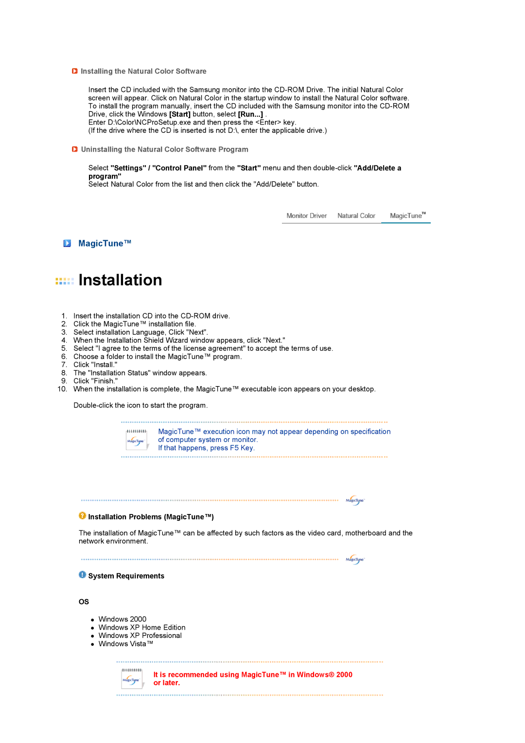 Samsung 911NT, 711NT MagicTune, Installing the Natural Color Software, Uninstalling the Natural Color Software Program 