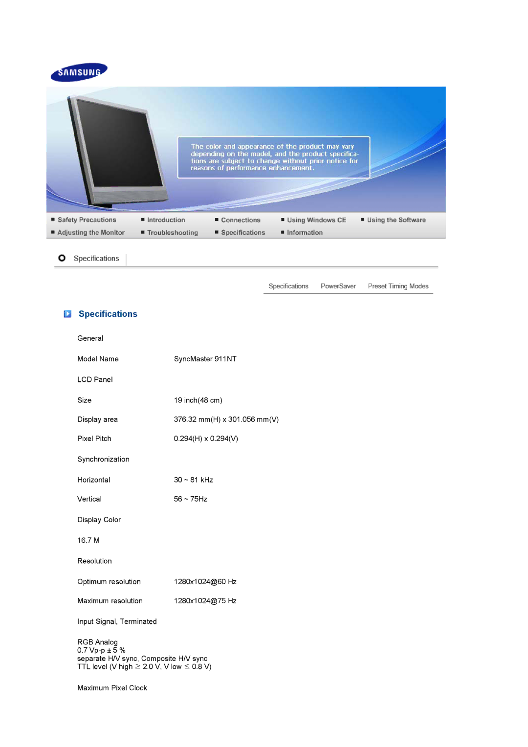 Samsung 711NT, 911NT manual Specifications 