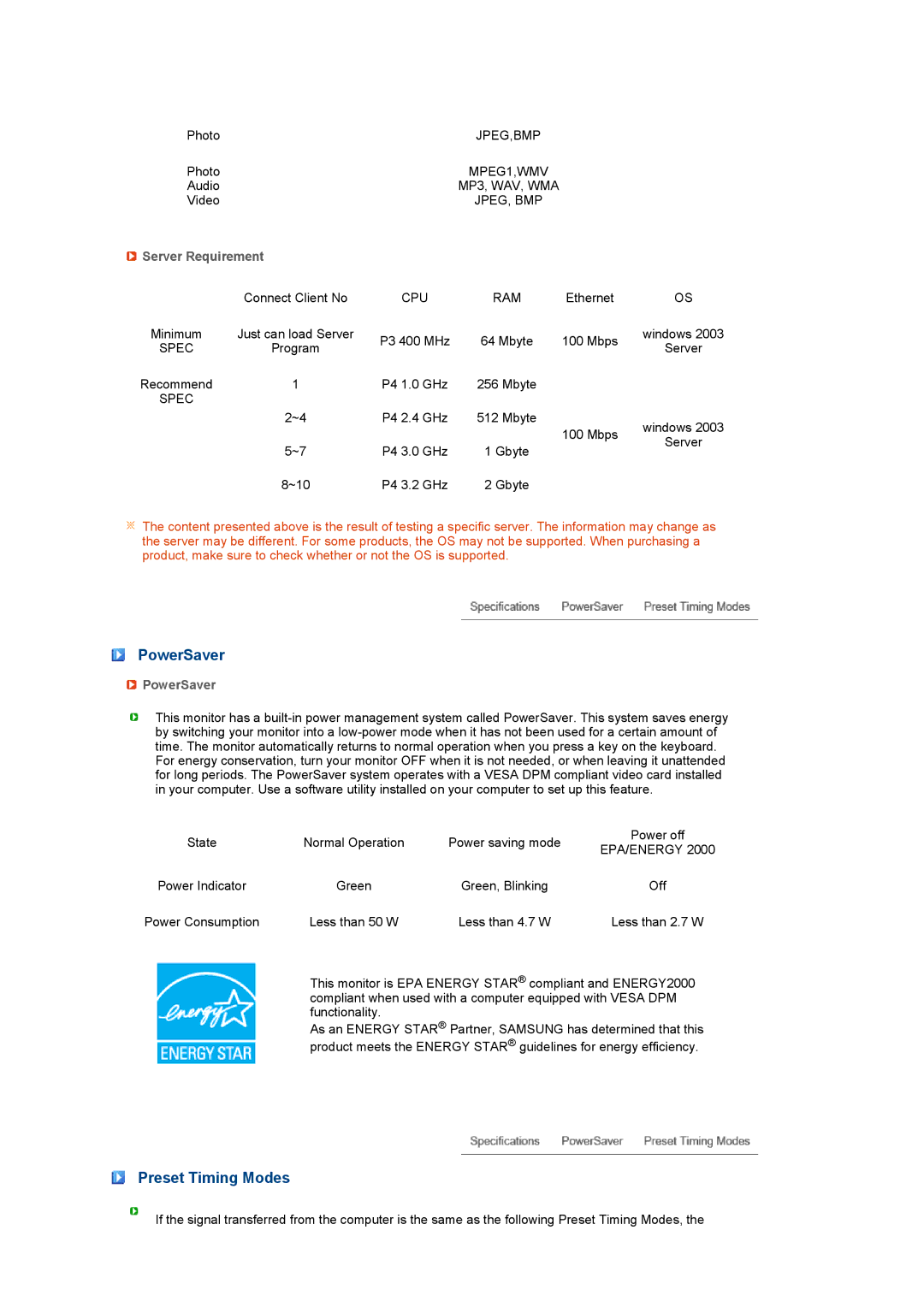 Samsung 711NT, 911NT manual Server Requirement, PowerSaver 