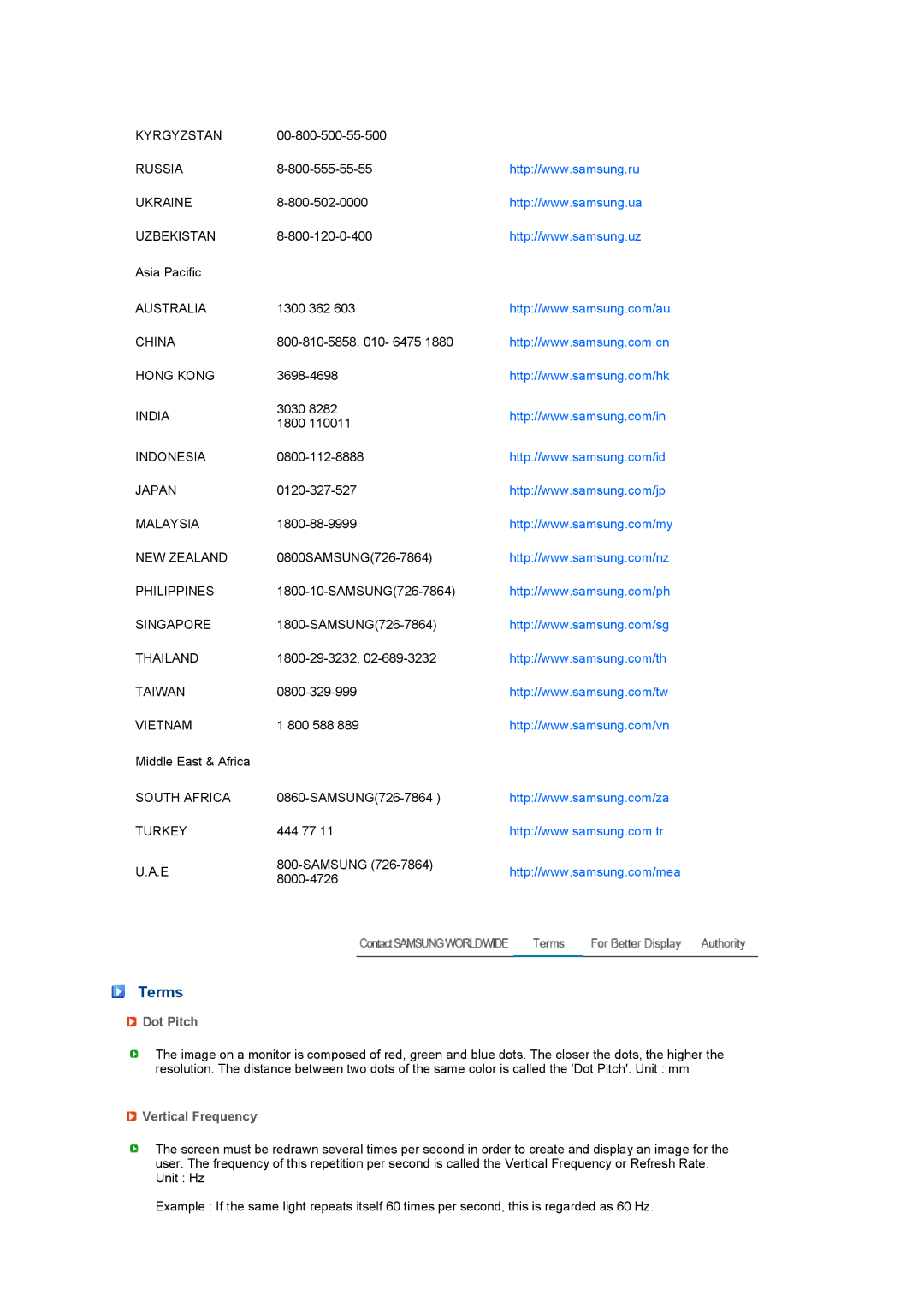 Samsung 711NT, 911NT manual Terms, Dot Pitch, Vertical Frequency 