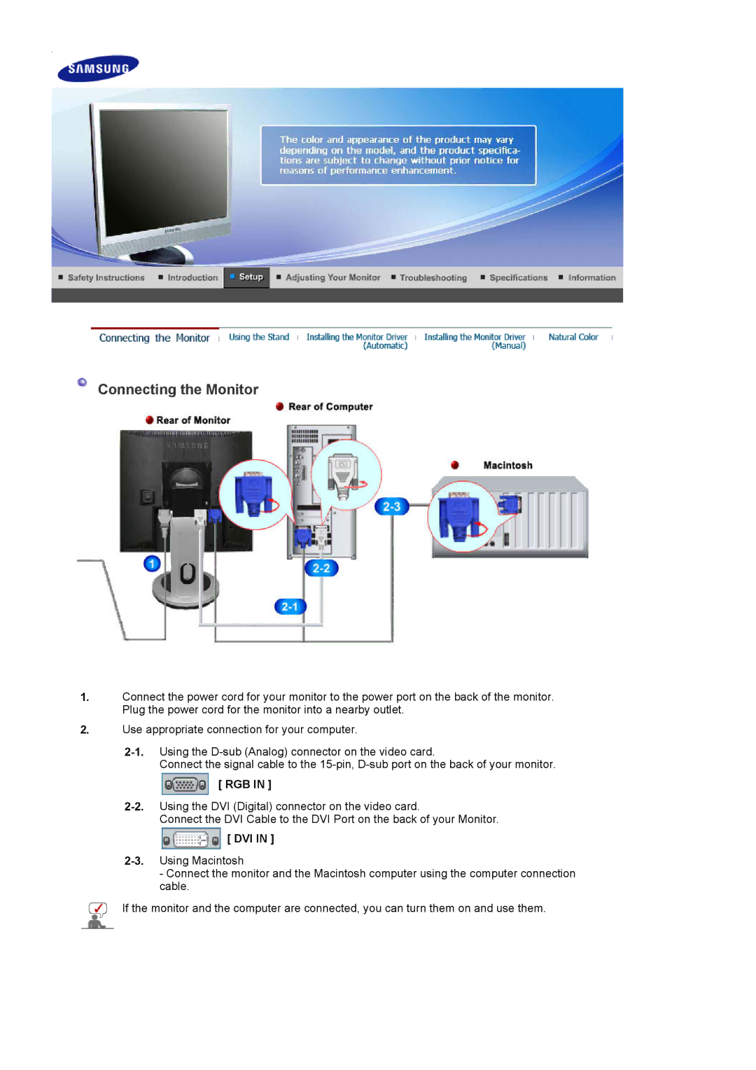 Samsung 714BM manual Connecting the Monitor, Rgb, Dvi 