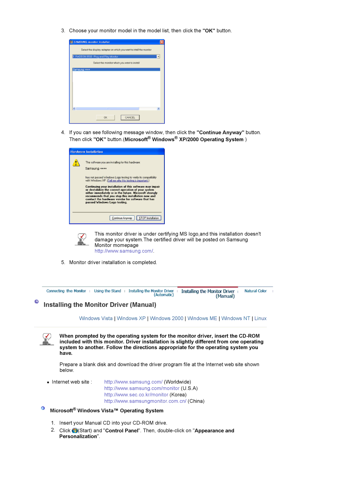 Samsung 714BM manual Installing the Monitor Driver Manual, Microsoft Windows Vista Operating System 