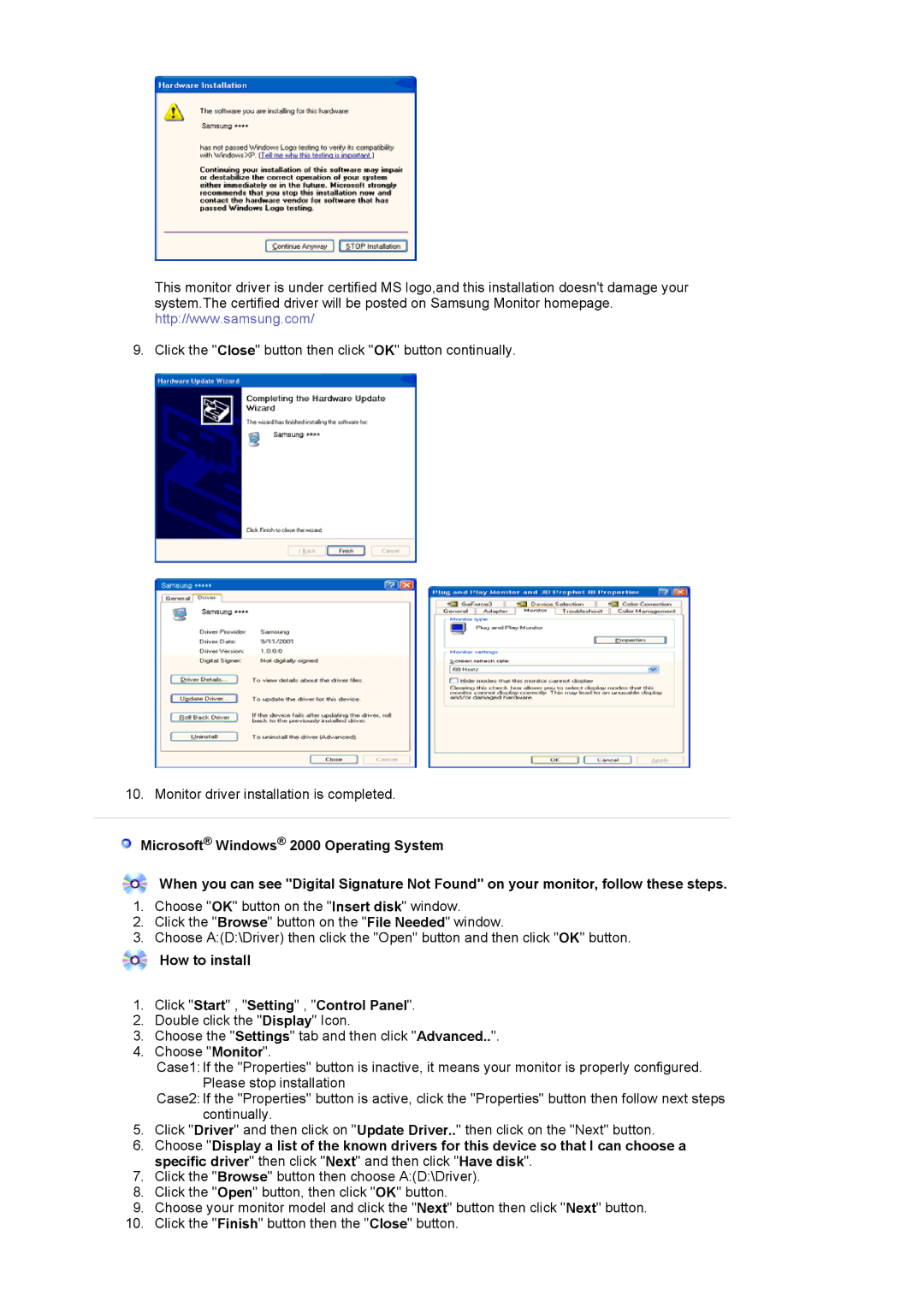 Samsung 714BM manual How to install Click Start , Setting , Control Panel 