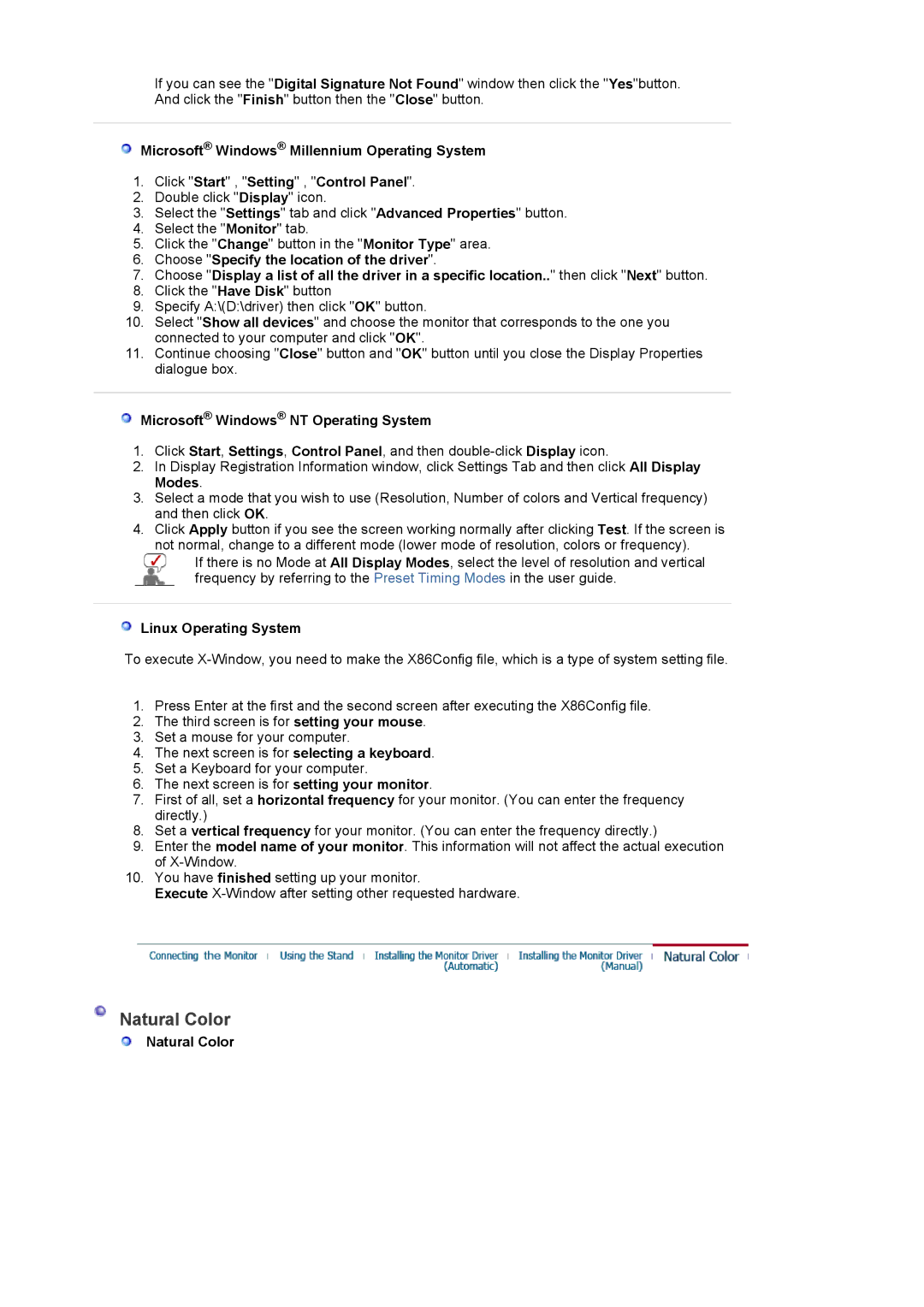 Samsung 714BM manual Natural Color, Microsoft Windows NT Operating System, Linux Operating System 