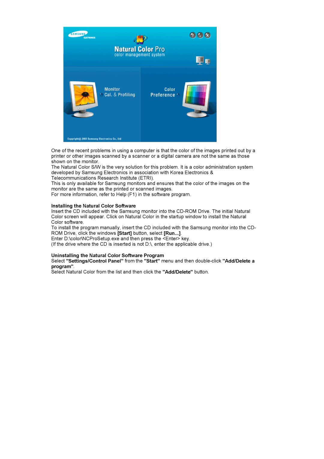 Samsung 714BM manual Installing the Natural Color Software 