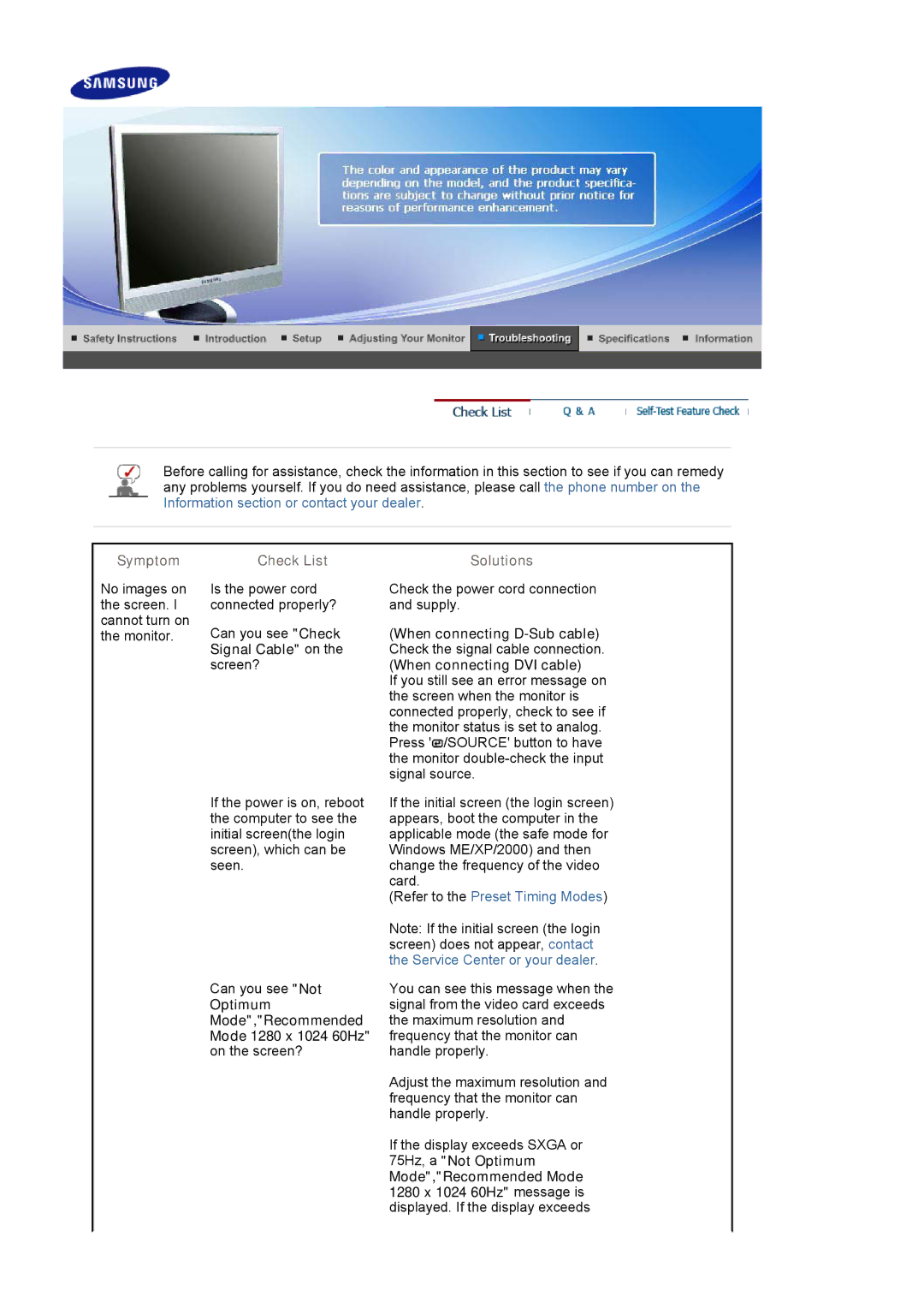 Samsung 714BM manual Symptom Check List, Signal Cable on, Solutions, When connecting D-Sub cable, When connecting DVI cable 