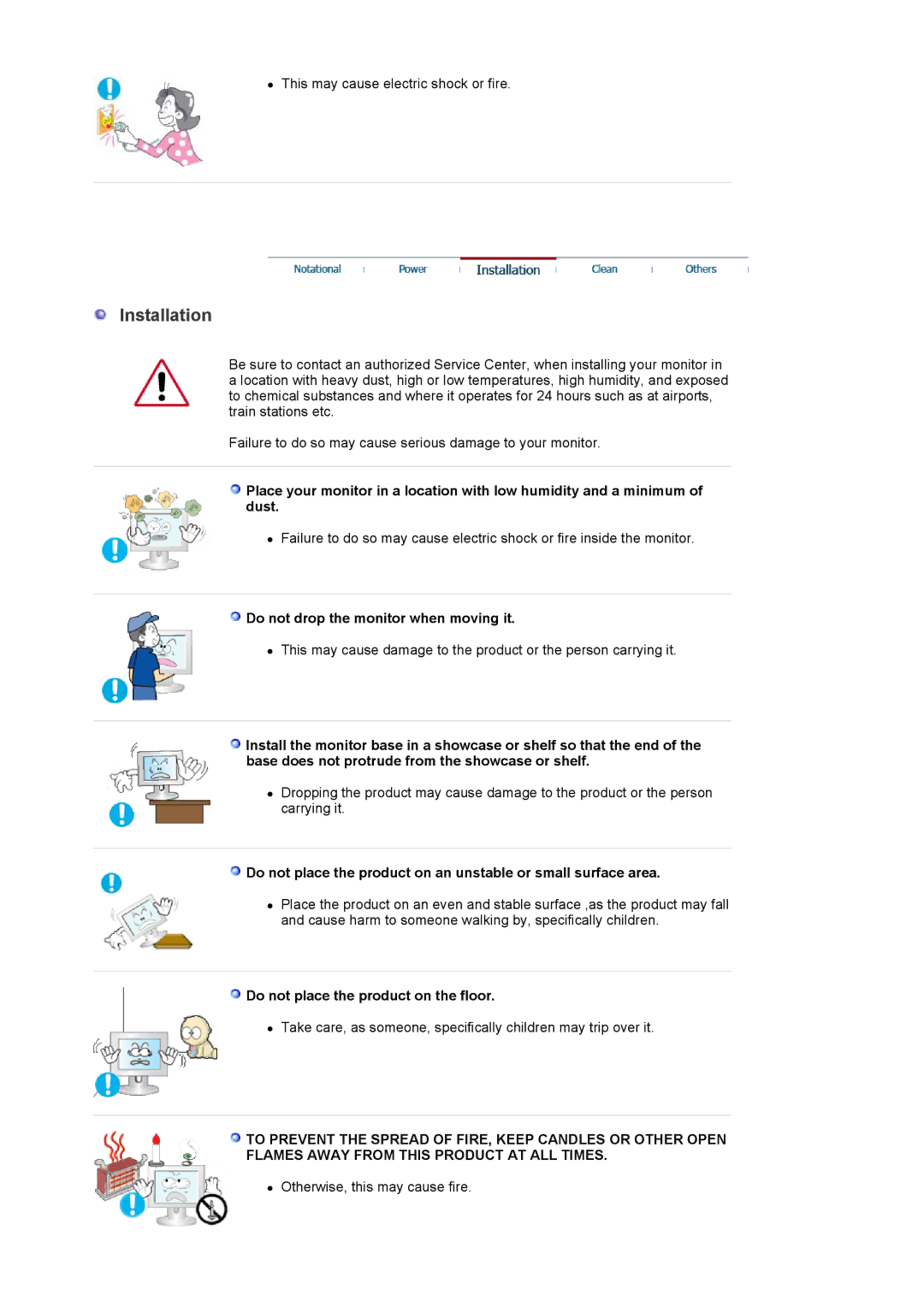 Samsung 714BM manual Installation, Do not drop the monitor when moving it, Do not place the product on the floor 