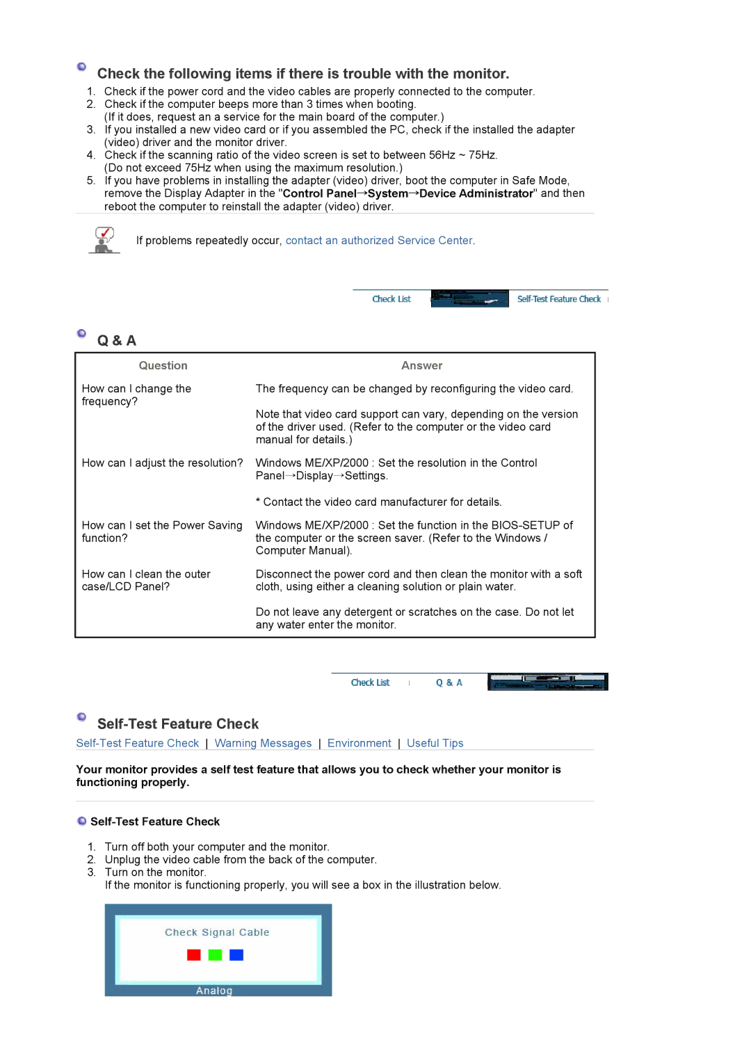 Samsung 714BM manual Self-Test Feature Check, Question, Answer 