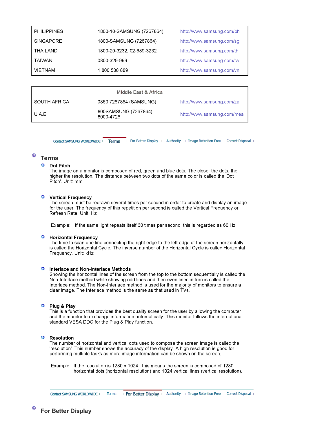 Samsung 714BM manual Terms, For Better Display, Middle East & Africa 