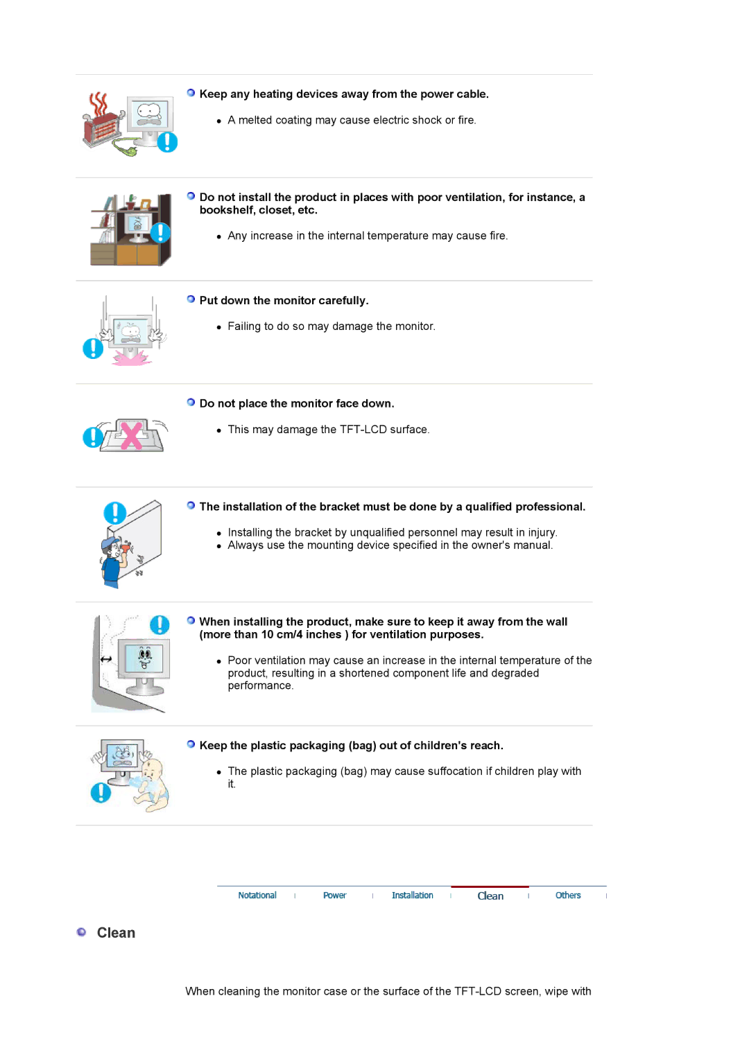 Samsung 714BM manual Clean, Keep any heating devices away from the power cable, Put down the monitor carefully 