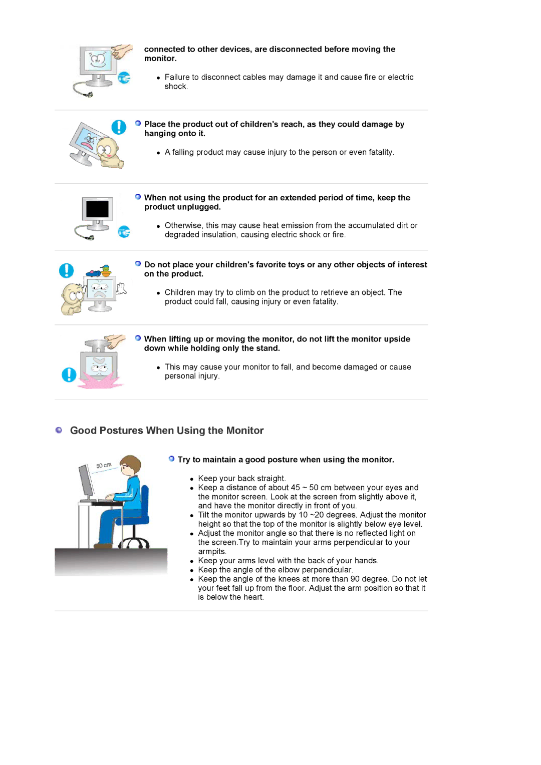 Samsung 714BM manual Good Postures When Using the Monitor, Try to maintain a good posture when using the monitor 