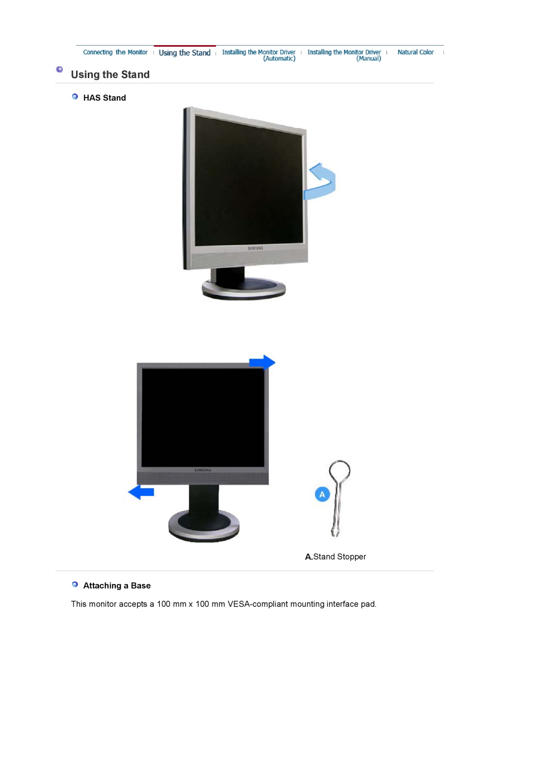 Samsung 714BM manual Using the Stand, HAS Stand, Attaching a Base 