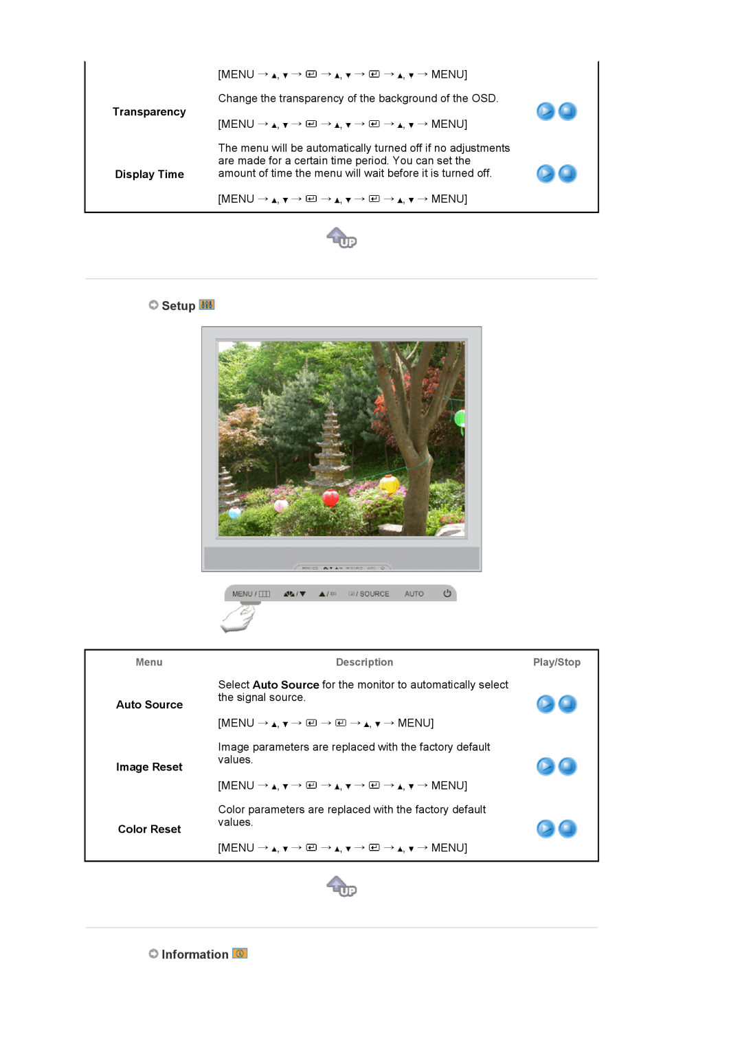 Samsung 714BM manual Setup, Information, Transparency Display Time, Auto Source Image Reset Color Reset 