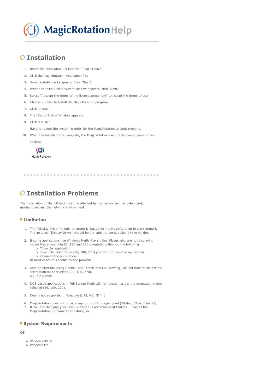 Samsung 714BM manual Installation Problems, Limitation, System Requirements 