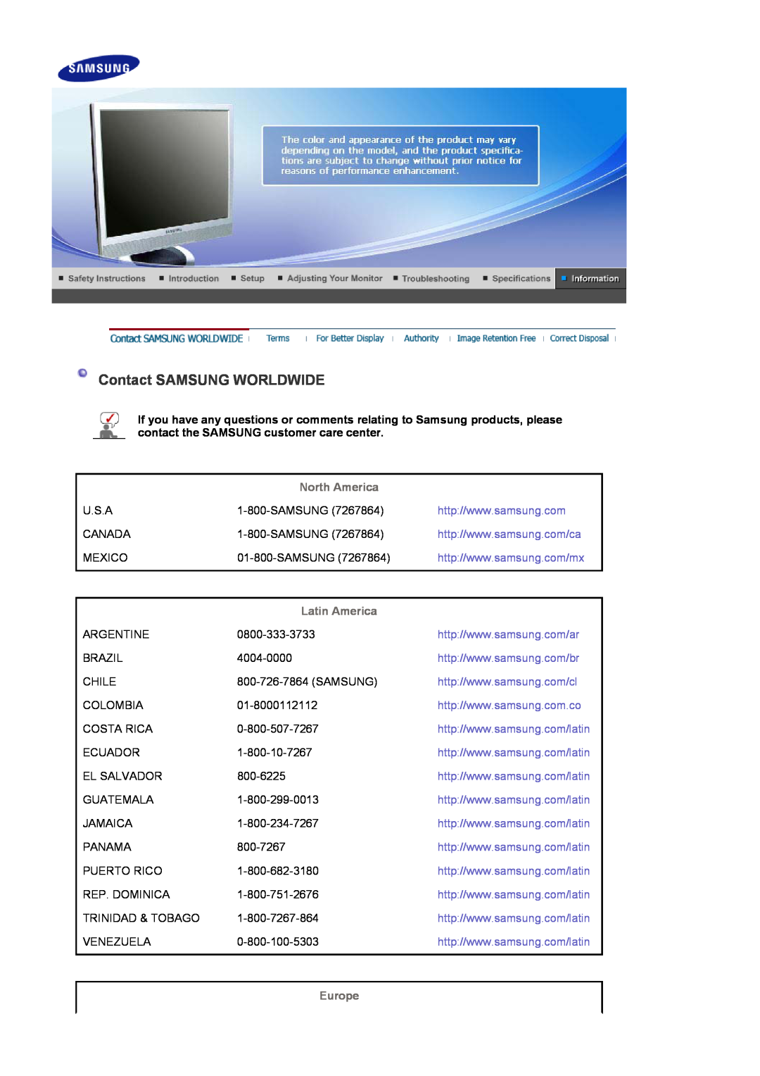 Samsung 714BM manual Contact SAMSUNG WORLDWIDE, North America, Latin America, Europe 