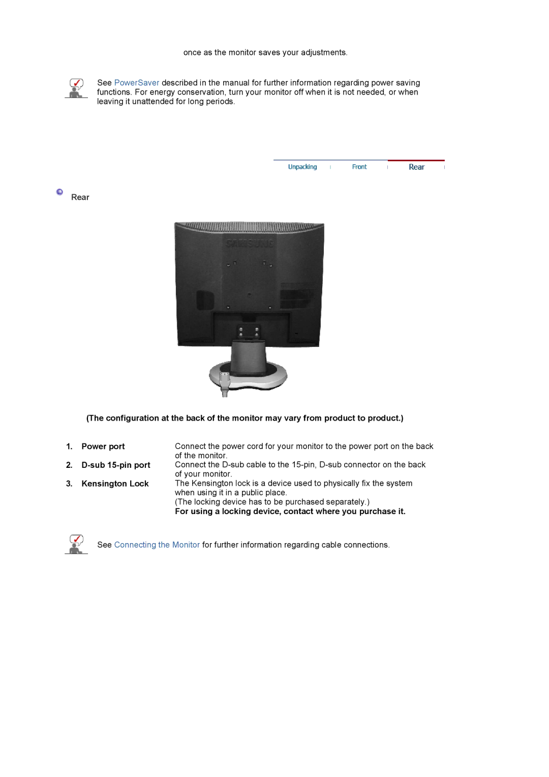 Samsung 720N manual Rear, For using a locking device, contact where you purchase it 