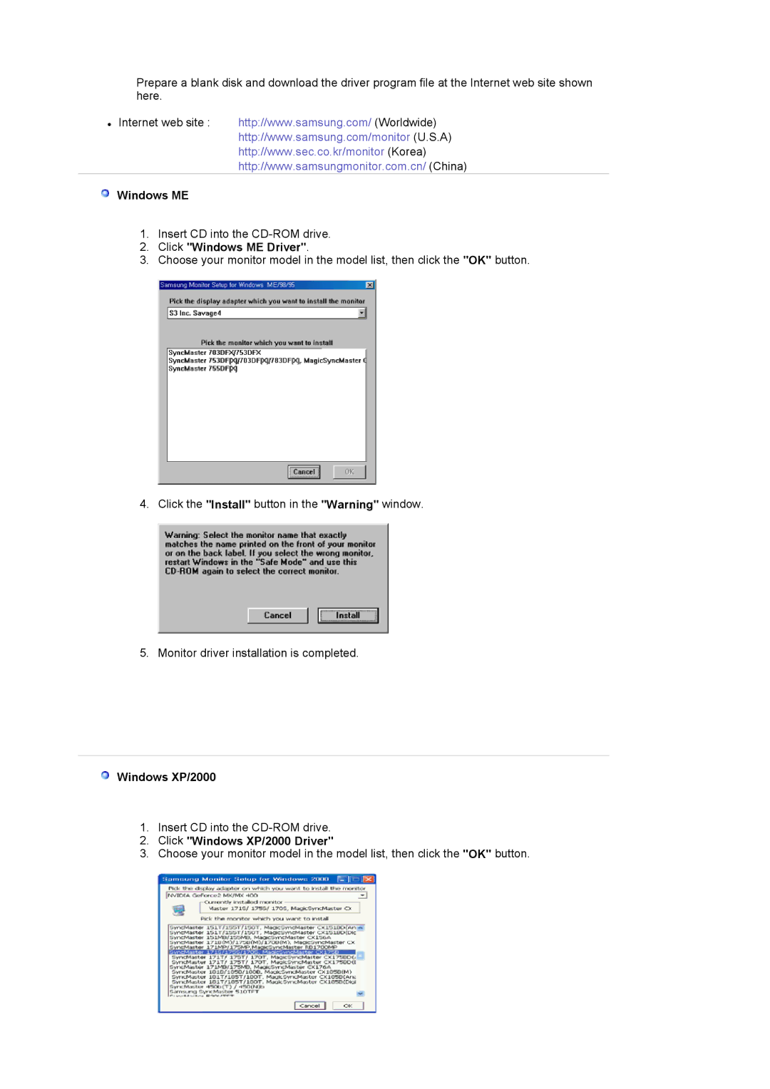 Samsung 720N manual Click Windows ME Driver, Click Windows XP/2000 Driver 