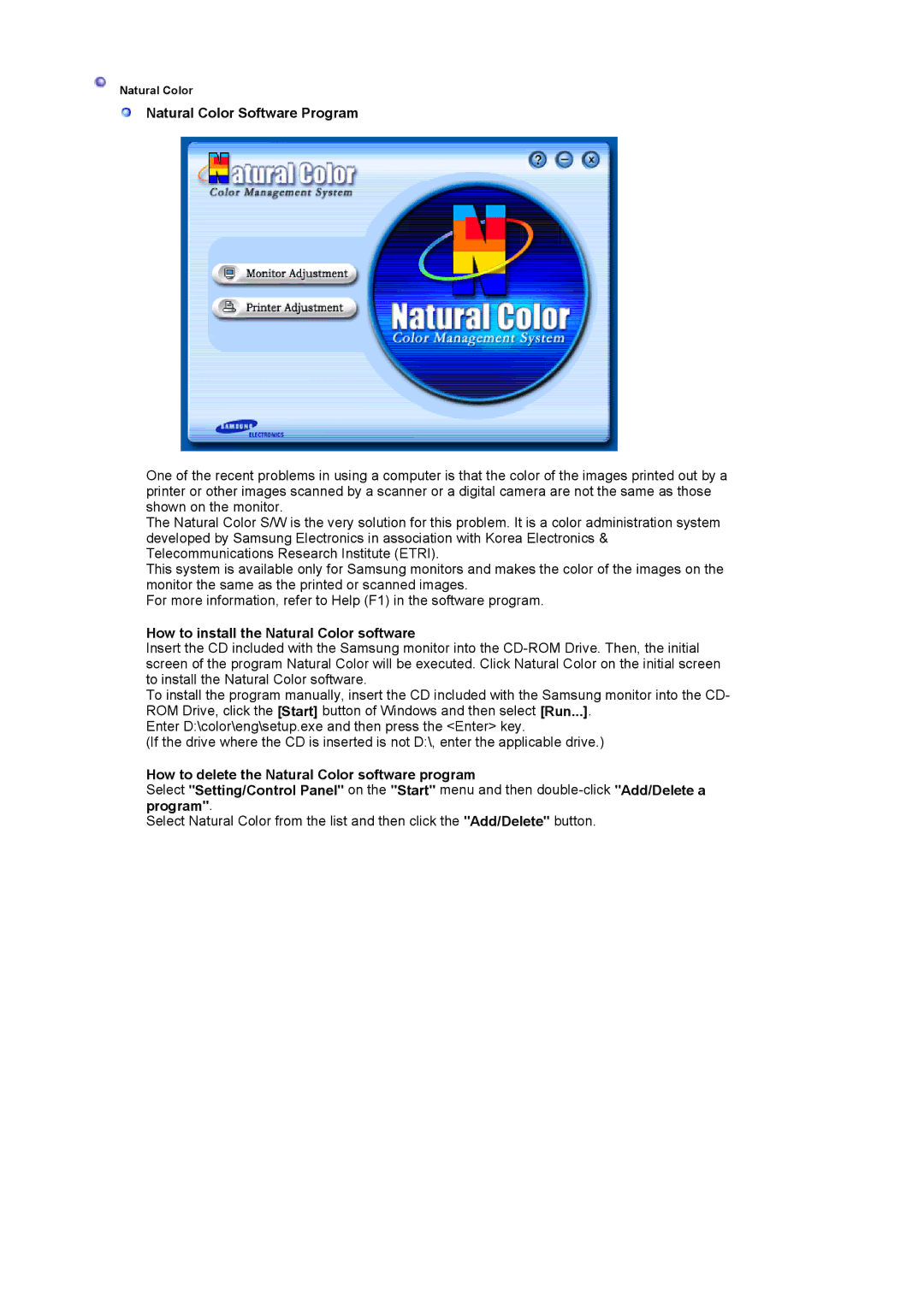 Samsung 720N manual Natural Color Software Program, How to install the Natural Color software 