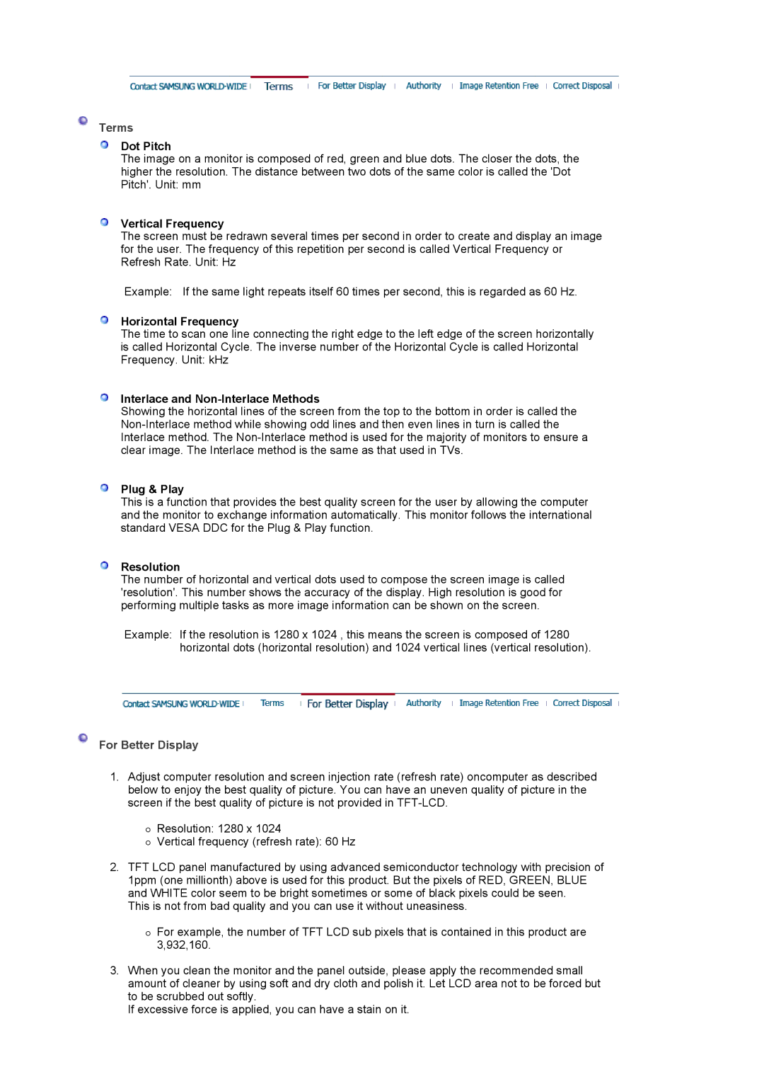 Samsung 720N manual Terms, For Better Display 