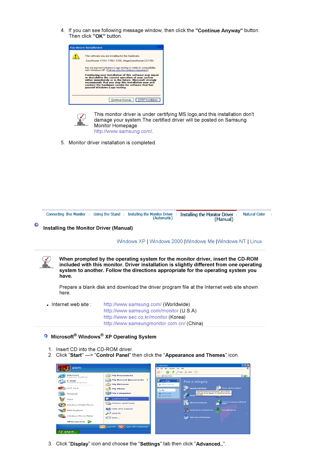 Samsung 720N manual Installing the Monitor Driver Manual, Microsoft Windows XP Operating System 