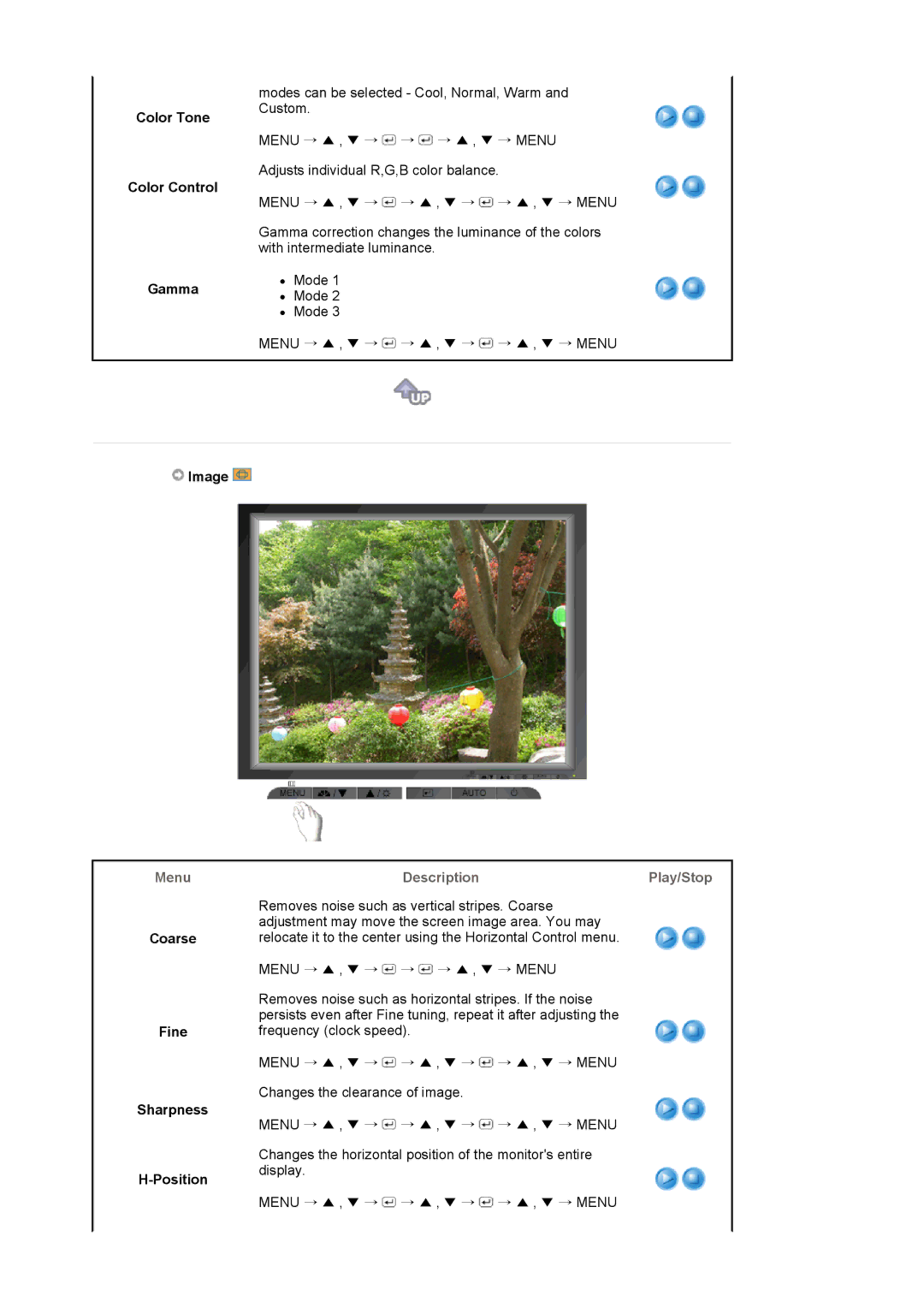 Samsung 720N manual Color Tone Color Control, Gamma, Image, Coarse Fine Sharpness Position 