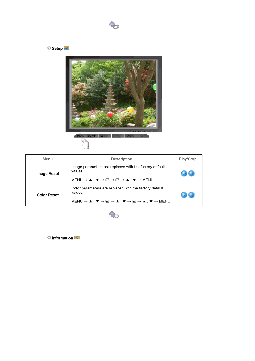 Samsung 720N manual Setup, Image Reset Color Reset, Information 