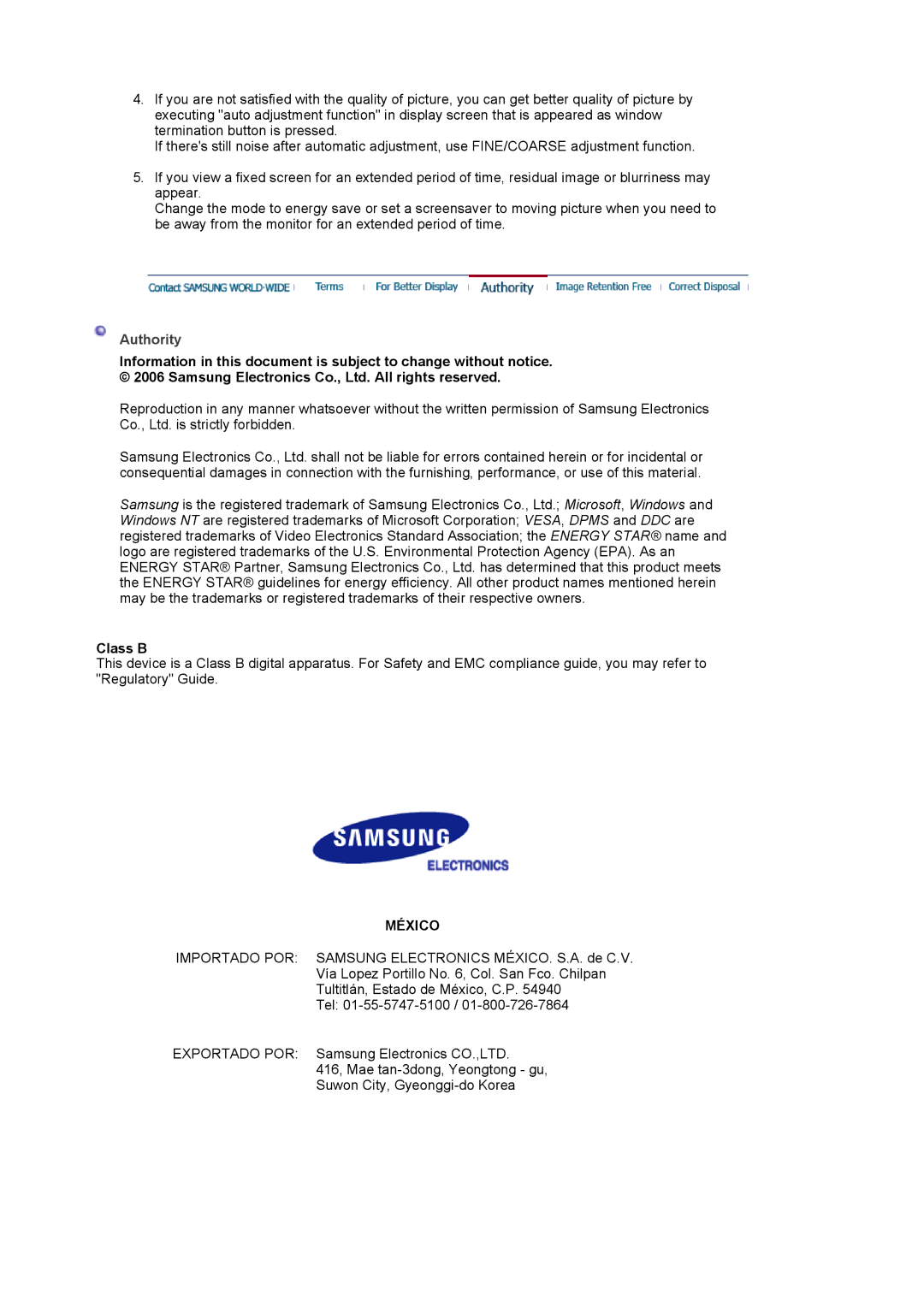 Samsung 720N manual Authority, Class B 