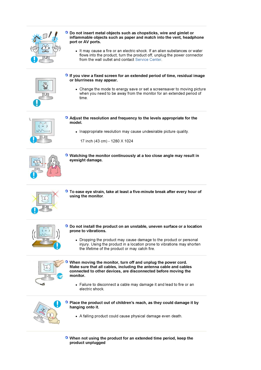 Samsung 720N manual Falling product could cause physical damage even death 