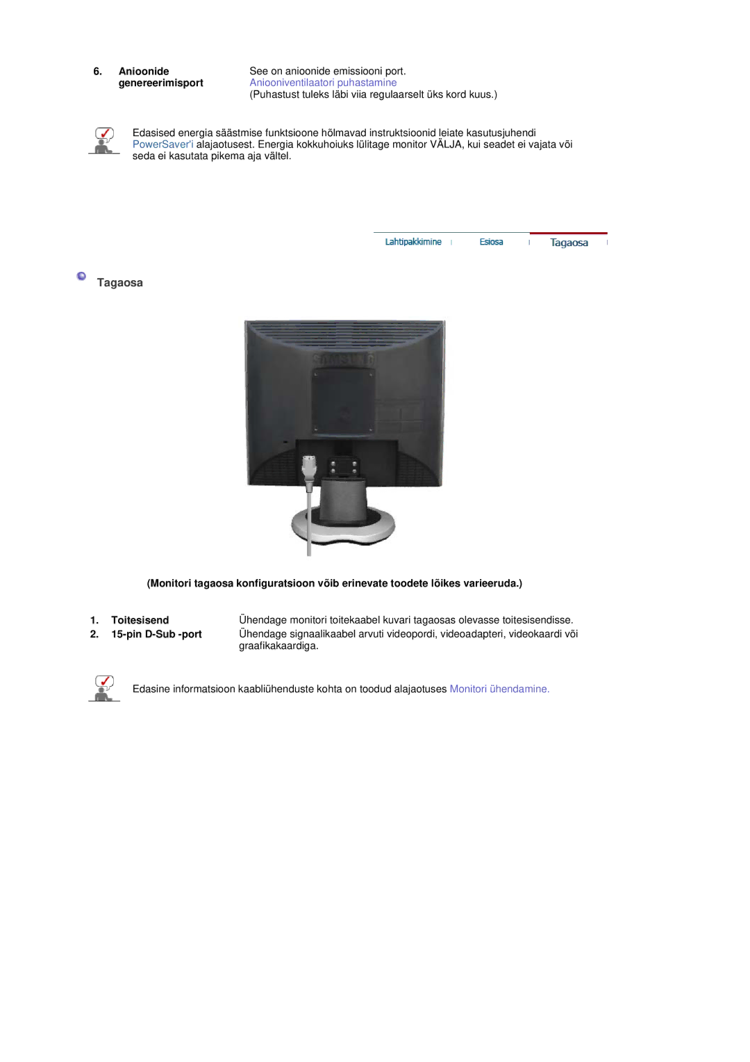 Samsung 720NA manual Tagaosa, Anioonide See on anioonide emissiooni port Genereerimisport 