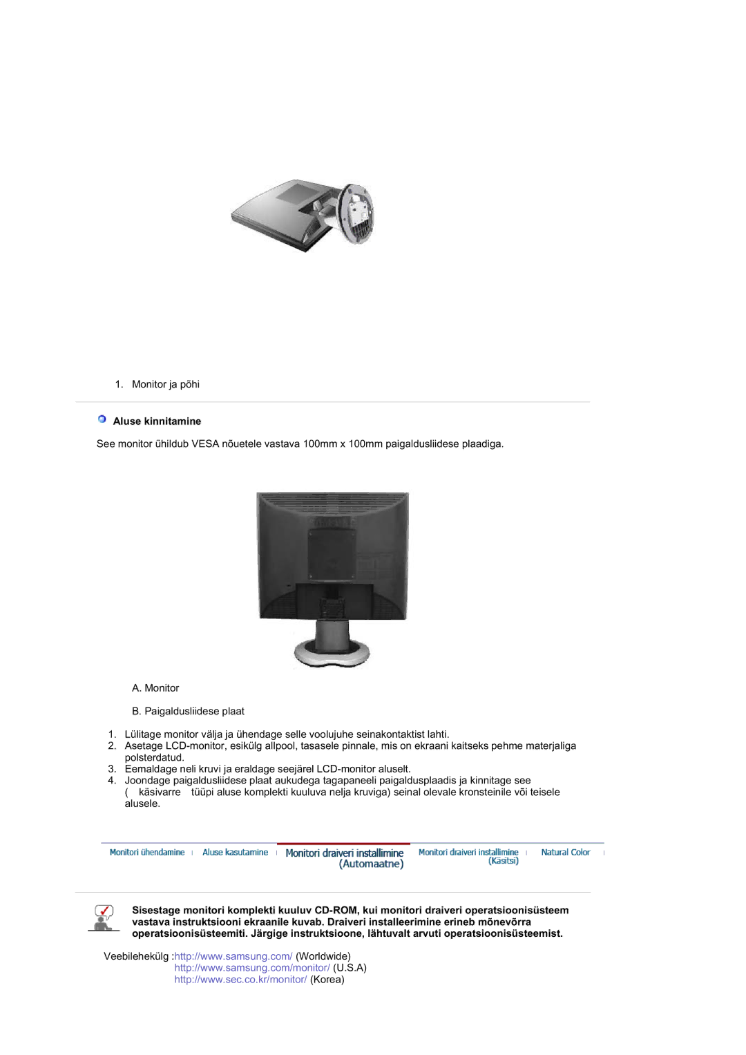 Samsung 720NA manual Aluse kinnitamine 