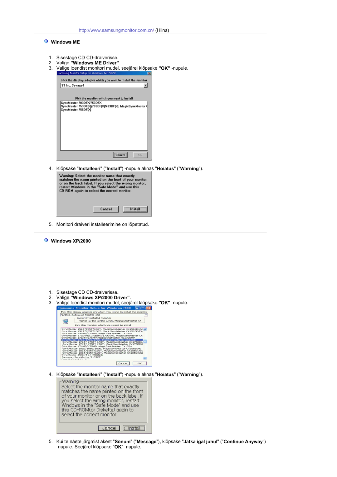 Samsung 720NA manual Valige Windows ME Driver, Valige Windows XP/2000 Driver 