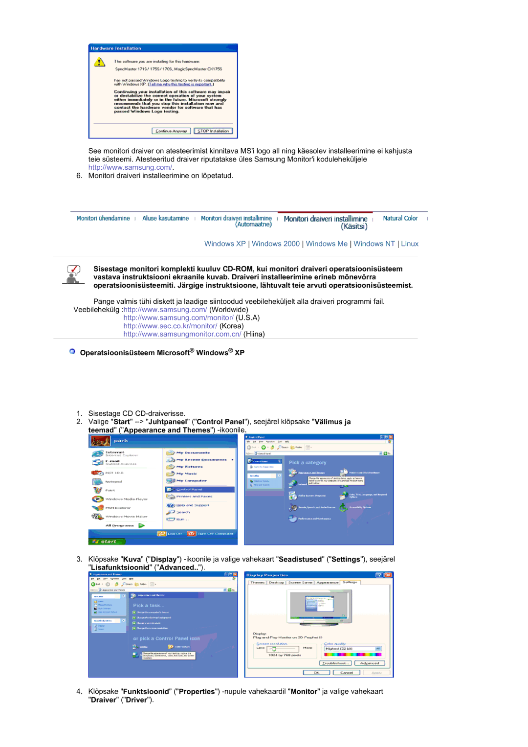 Samsung 720NA manual Windows XP Windows 2000 Windows Me Windows NT Linux, Operatsioonisüsteem Microsoft Windows XP 